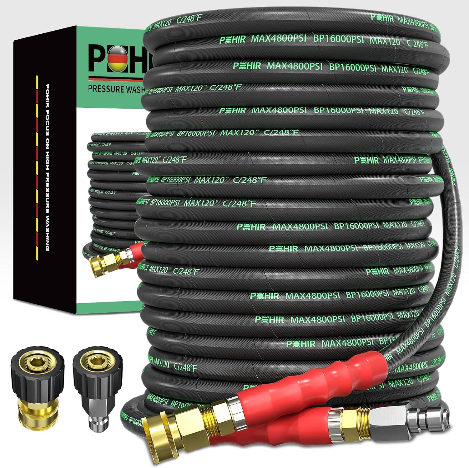 POHIR Pressure Washer Hose 100 ft 3/8 Inch for Cold and Hot Water 248°F End 3/8'' Quick Connect, 4800psi Kink Resistant Industrial Grade Steel Wire Braided, 2pcs M22-14mm Swivel to 3/8'' Adapter Kit 100ft