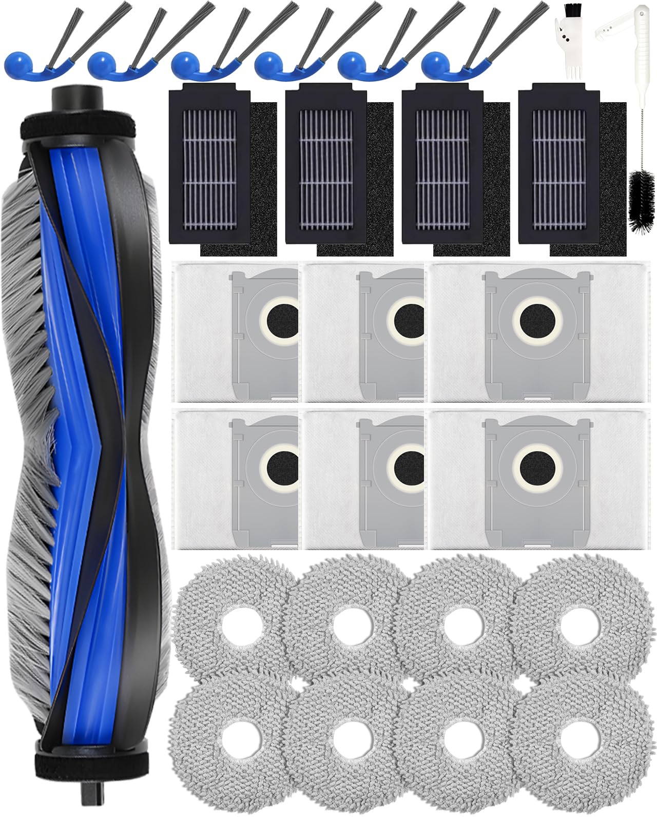 T30C Omni Accessori per Ecovacs Deebot T30C Omni Gen2/T50 PRO Omni Gen3/T50 Omni Gen3,27 pezzi: 1 Spazzola Principale, 6 Spazzole Laterali, 6 Sacchetti per la Polvere, 4 Filtri HAPE, 8 Tamponi