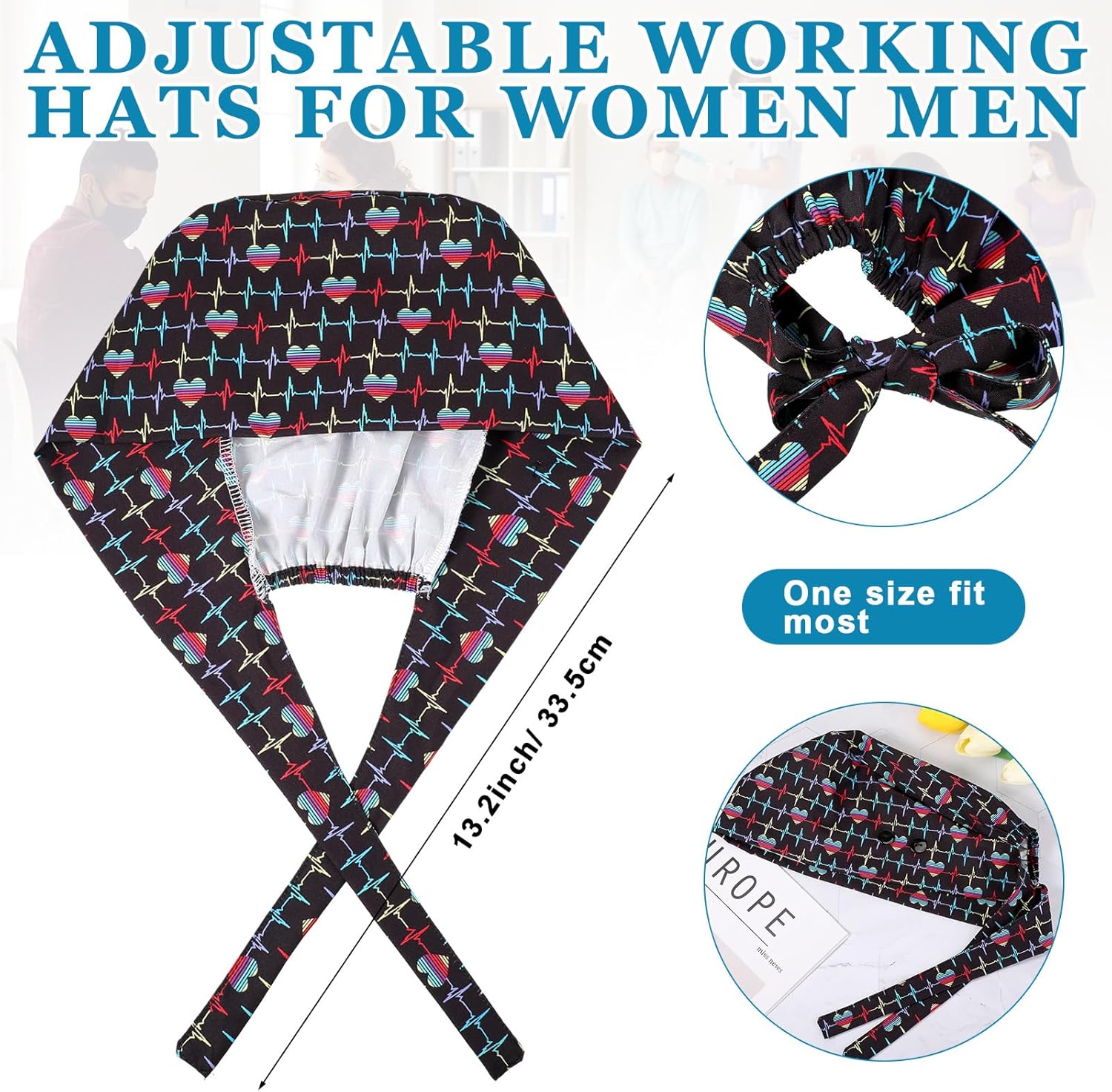 Coume 8 Pcs Nurse Caps for Women Nursing Working Caps with Button and Sweatband Adjustable Elastic Scrub Hats for Dentist - Image 4