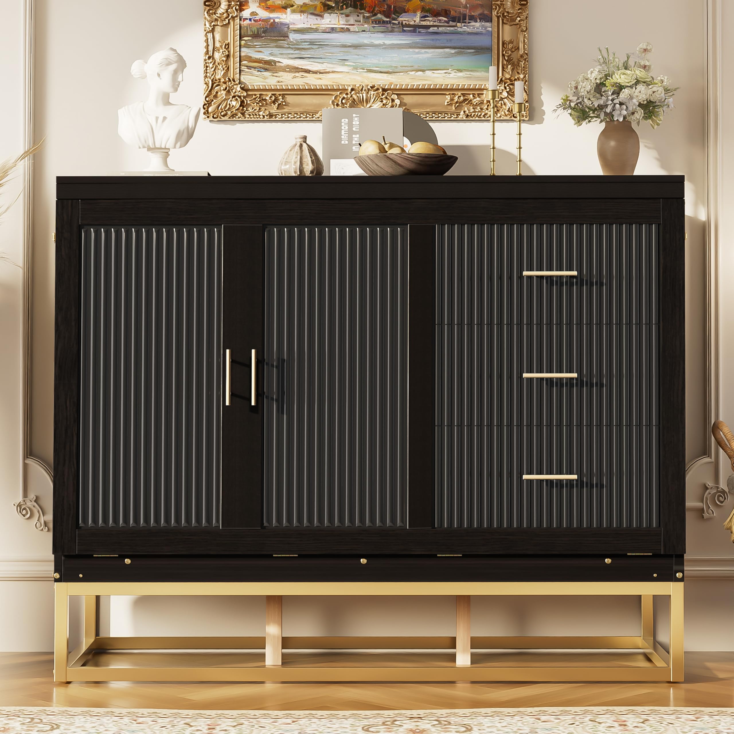 Brabrety Queen Size Murphy Bed with Frosted Glass Doors,Fake Drawers and Metal Legs,for Small Spaces Apartments Studio Guest Room Use (Espresso#b,