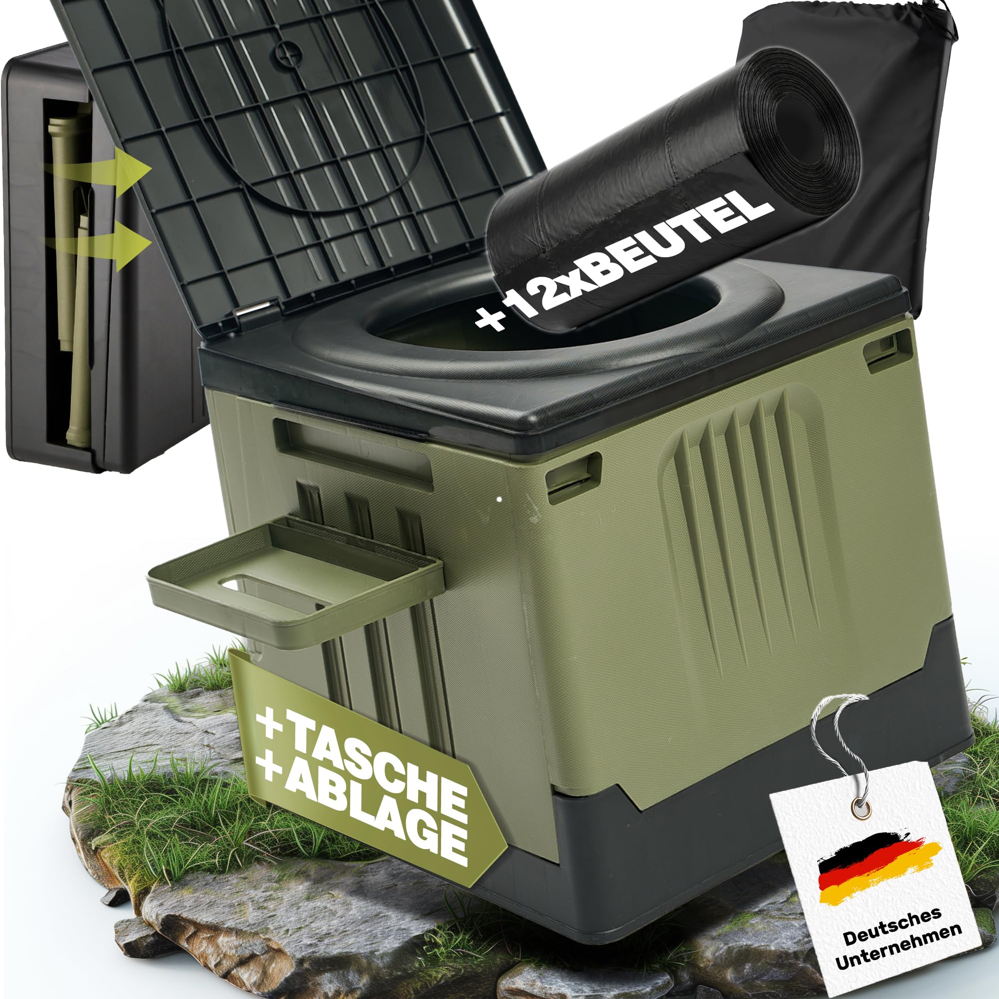 Campingtoilette faltbar | Klapptoilette bis 150 kg inkl. Ablagefach & 12x Tüten | Mobile Toilette Camping WC | Outdoor, Festival, Stau, Notfall | Größe M grün