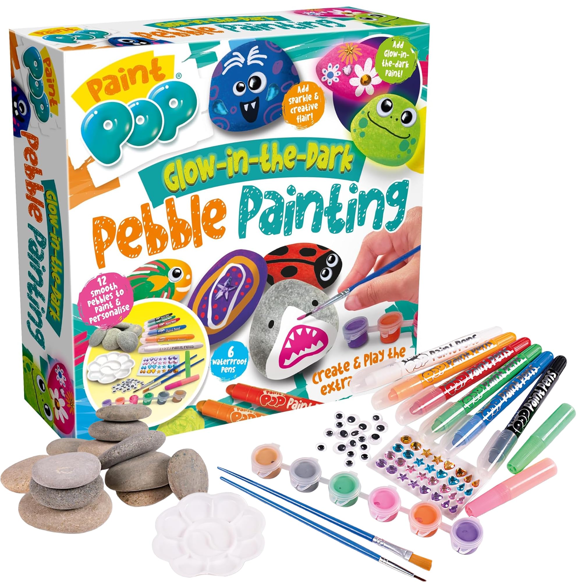 Paint Pop - Glow in The Dark Pebble Painting Kit - Create Children’s Glowing Masterpieces for Hours of Fun and Play - Features 12 Rocks, 8 Paints, 2 Brushes, Stickers, Gems, 6 Paint Sticks, 4+