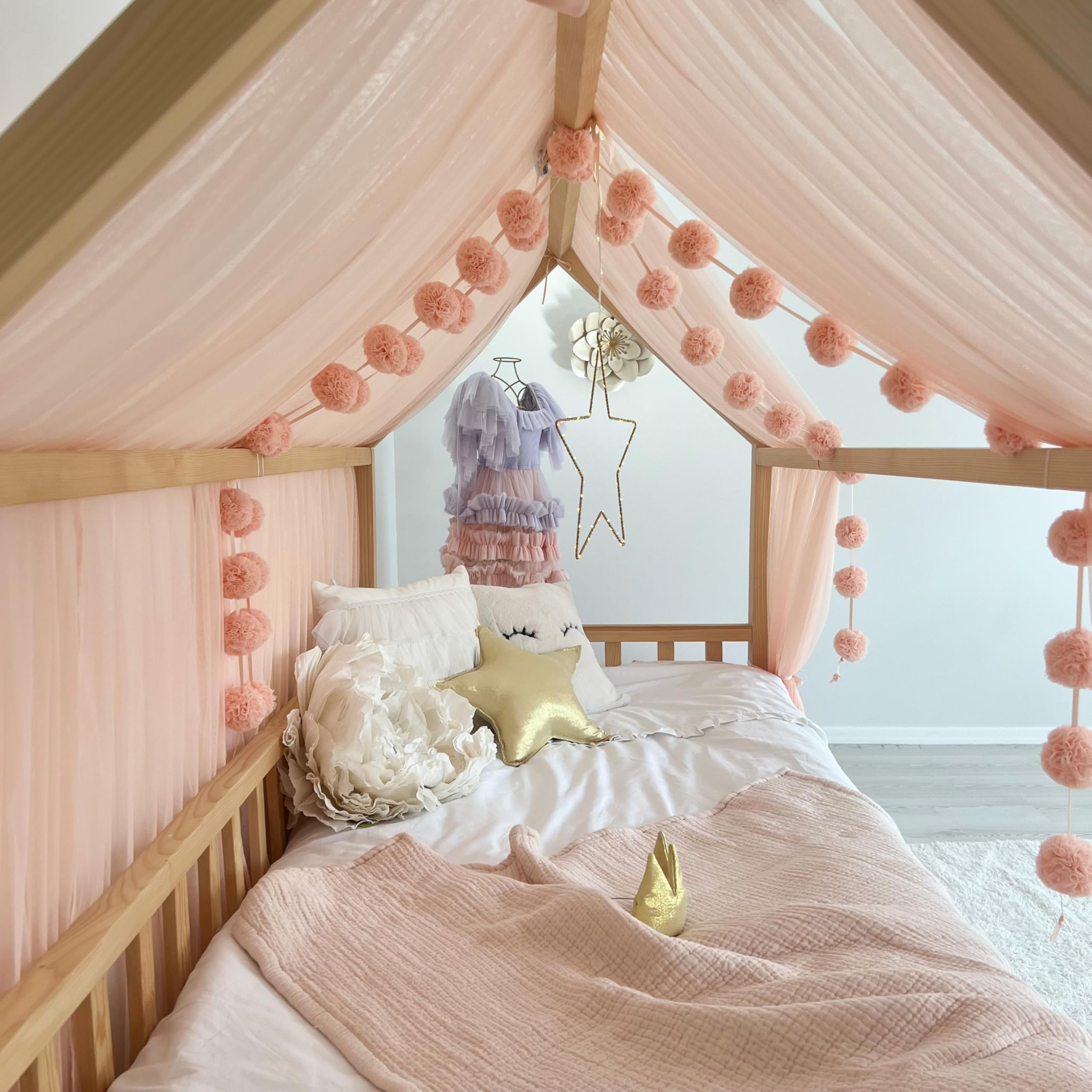 Toldo de cama estilo princesa para niñas, decoración de habitación de niños para camas Montessori, regalo de tul suave para niños pequeños (SALMON, 400 cm, juego 2)