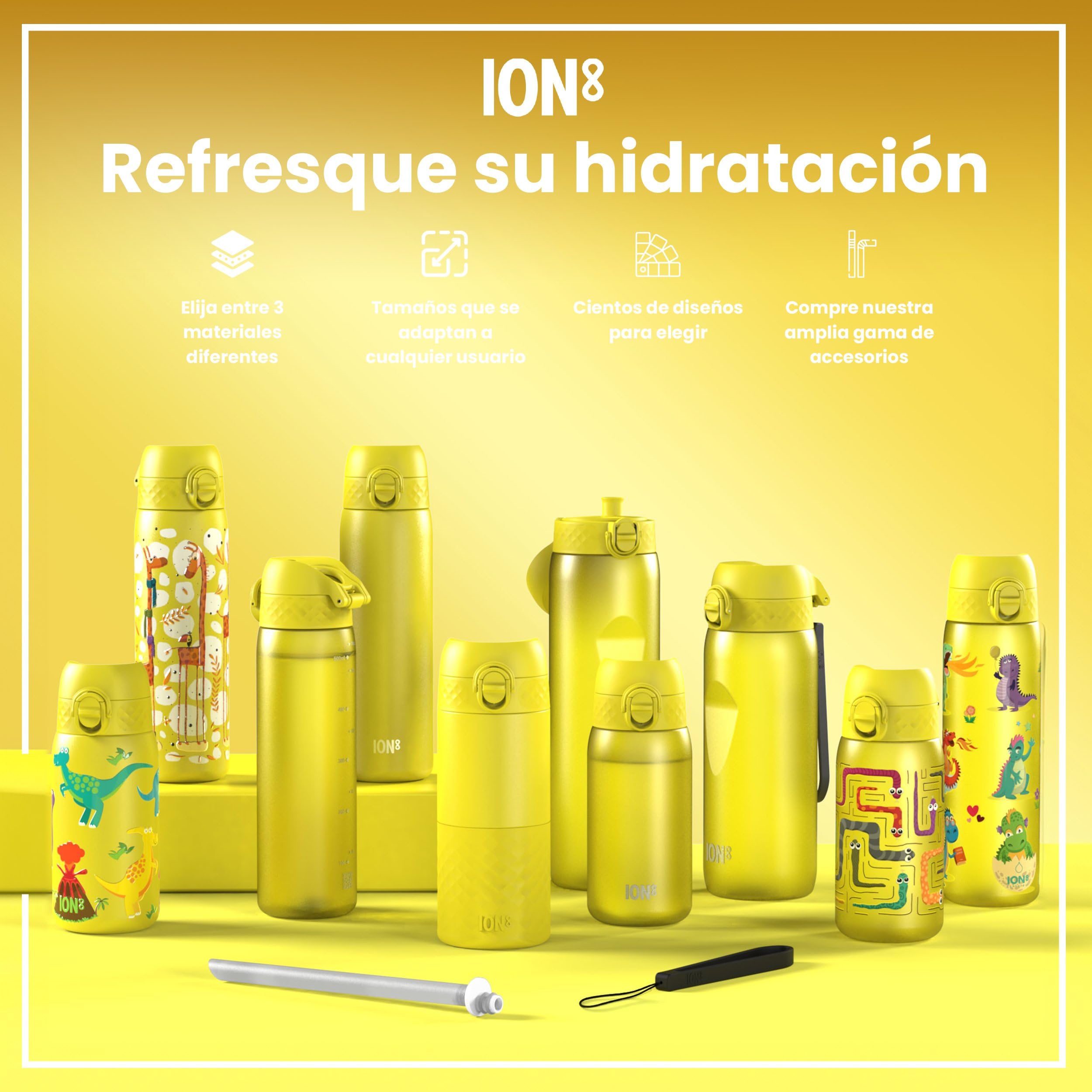 ion8 Botella Agua Inox Ligero para Niños, 400ml, Sin Aislamiento, a Prueba de Fugas, Fácil de Abrir, Cerradura Segura, Apta para Lavavajillas, Tapa Abatible, Fácil de Limpiar, Dinosaurios