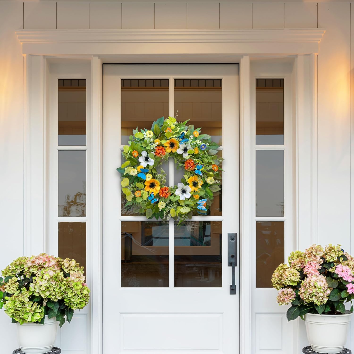 Spring Wreaths for Front Door 24 Inch Summer Wreath Artificial Floral Greenery Wreath with Beautiful Hydrangea Pansies and Butterfly Spring and Summer Wreaths for Front Door Outside
