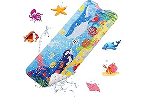 Extra Long Non-Slip Anti-Slip Cartoon Animal Baby Bath Mat with Drain Holes and Suction Cups