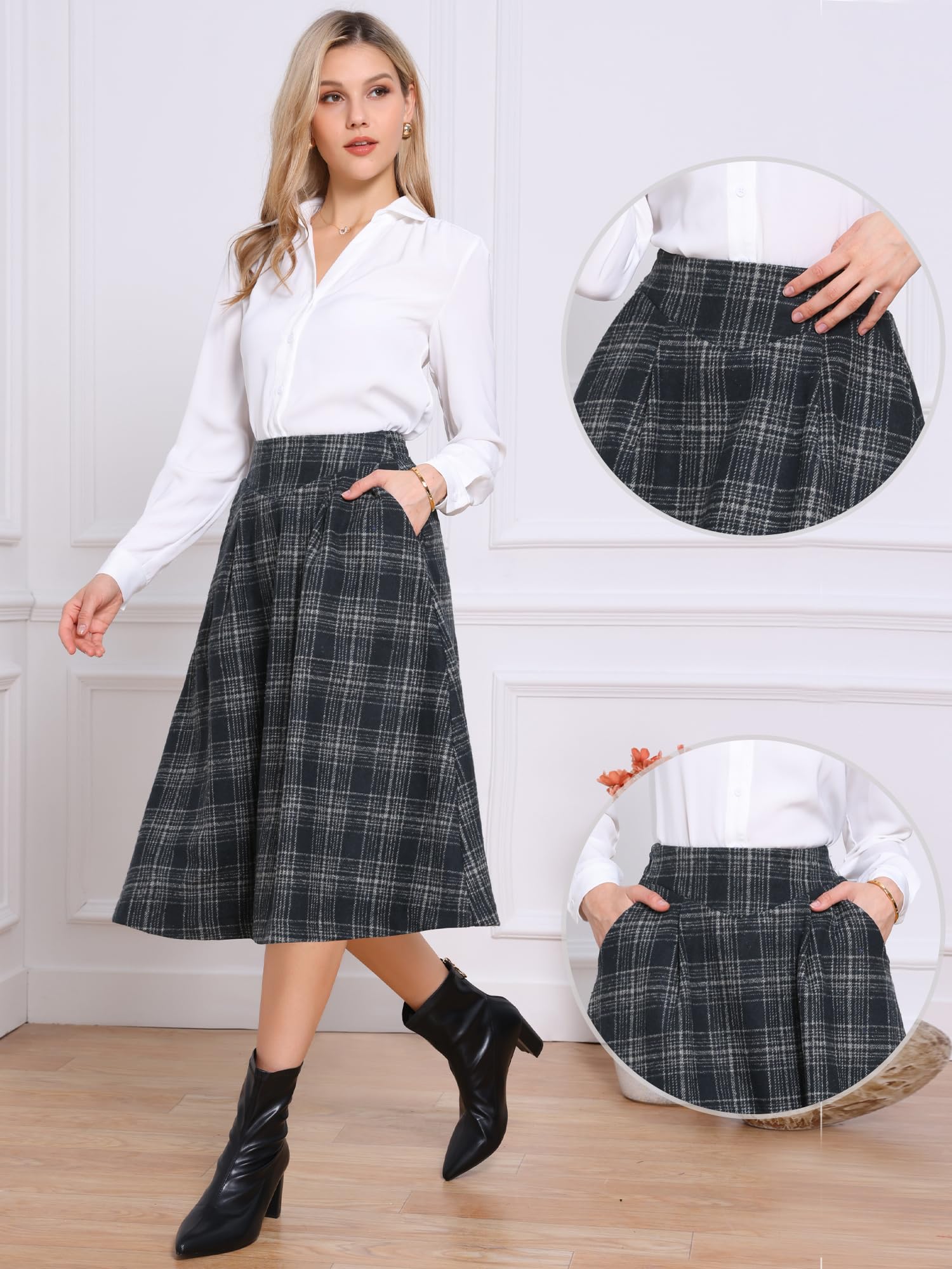 Allegra K Faldas a cuadros para mujer, estilo vintage, de tartán, de cintura alta, acampanada, con bolsillos