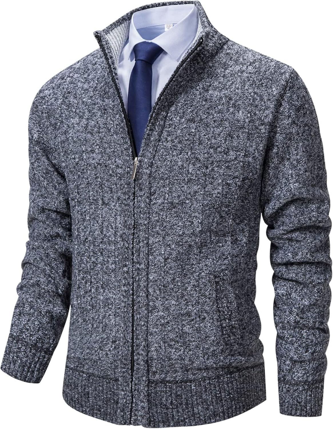 Men’s Cardigan Sweaters Full Zip Up Stand Collar Slim Fit Casual Knitted Sweater with 2 Front Pockets