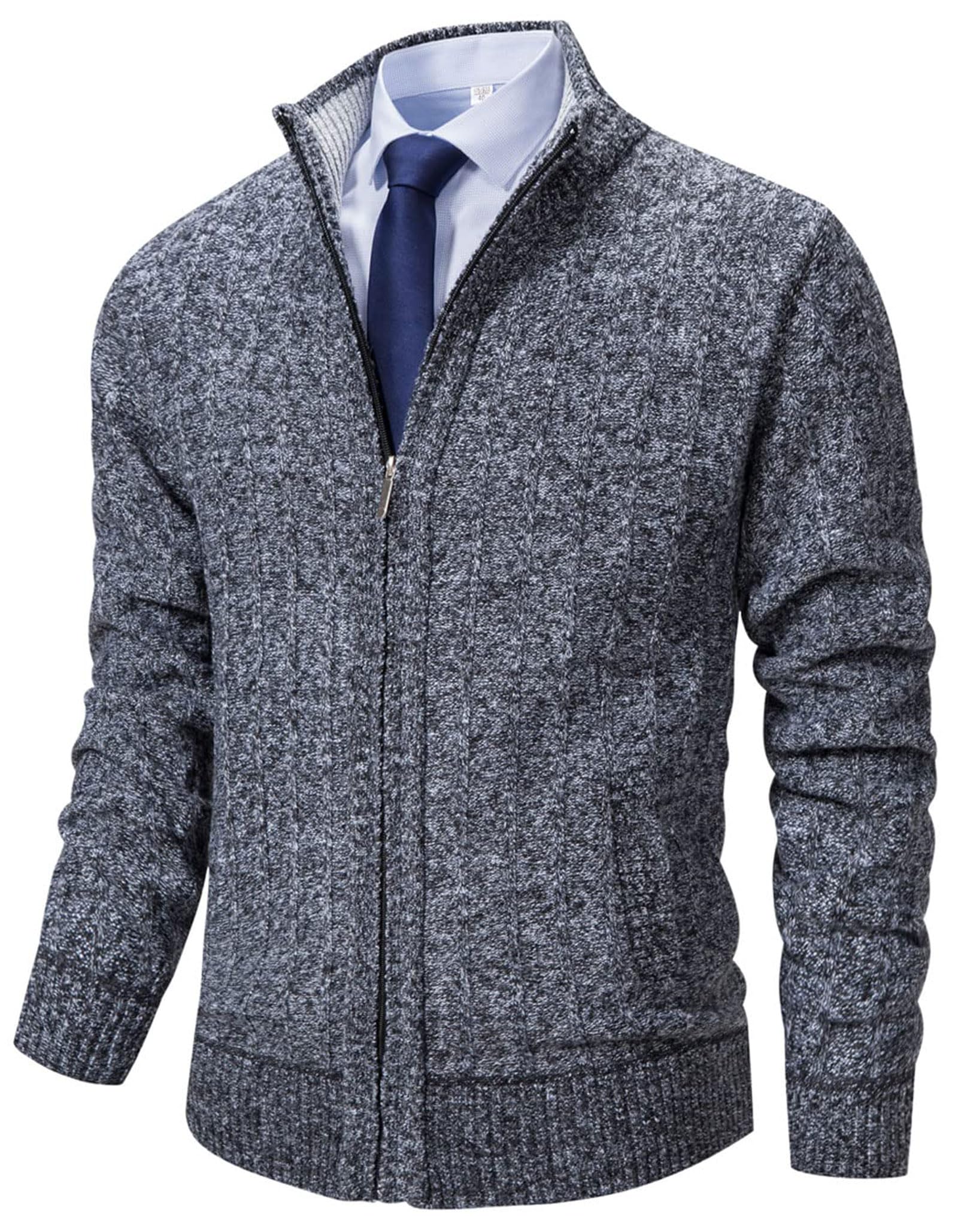 Men's Cardigan Sweaters Full Zip Up Stand Collar Slim Fit Casual Knitted Sweater with 2 Front Pockets