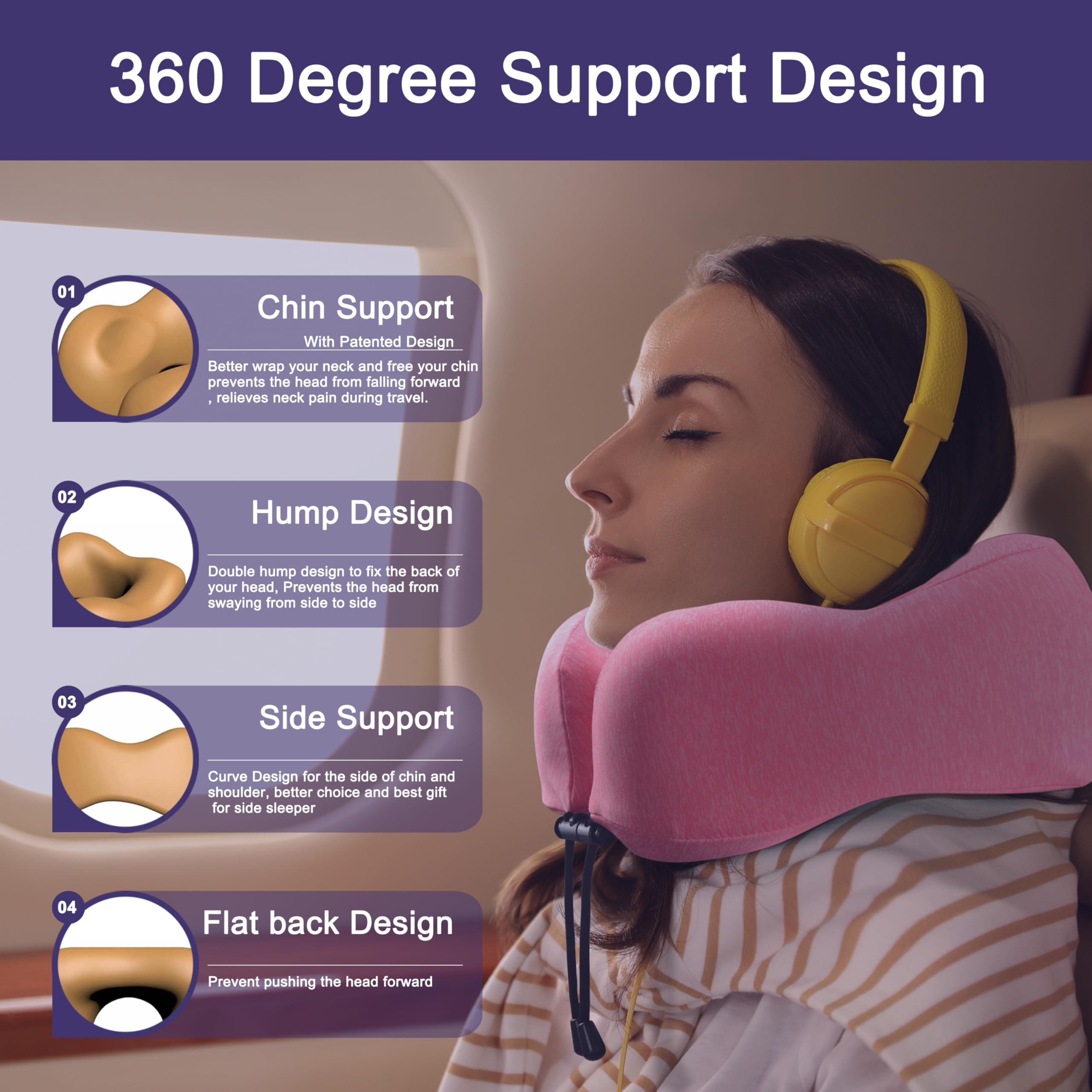 napfun Neck Pillow for Travel, Memory Foam Airplane Pillow, Rose view 3