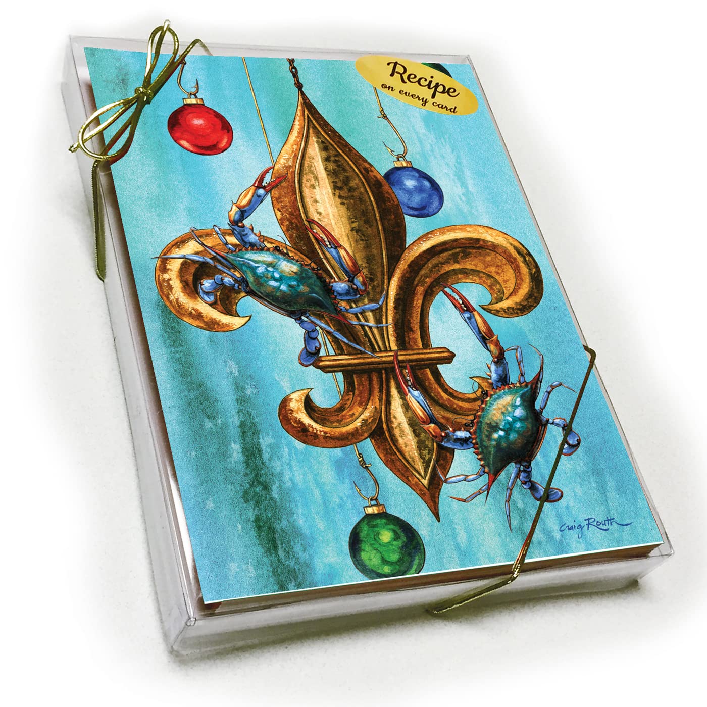 The ROUTH COLLECTION Louisiana Christmas Card with Recipe - Blue Crabs Fleur-de-lis Christmas