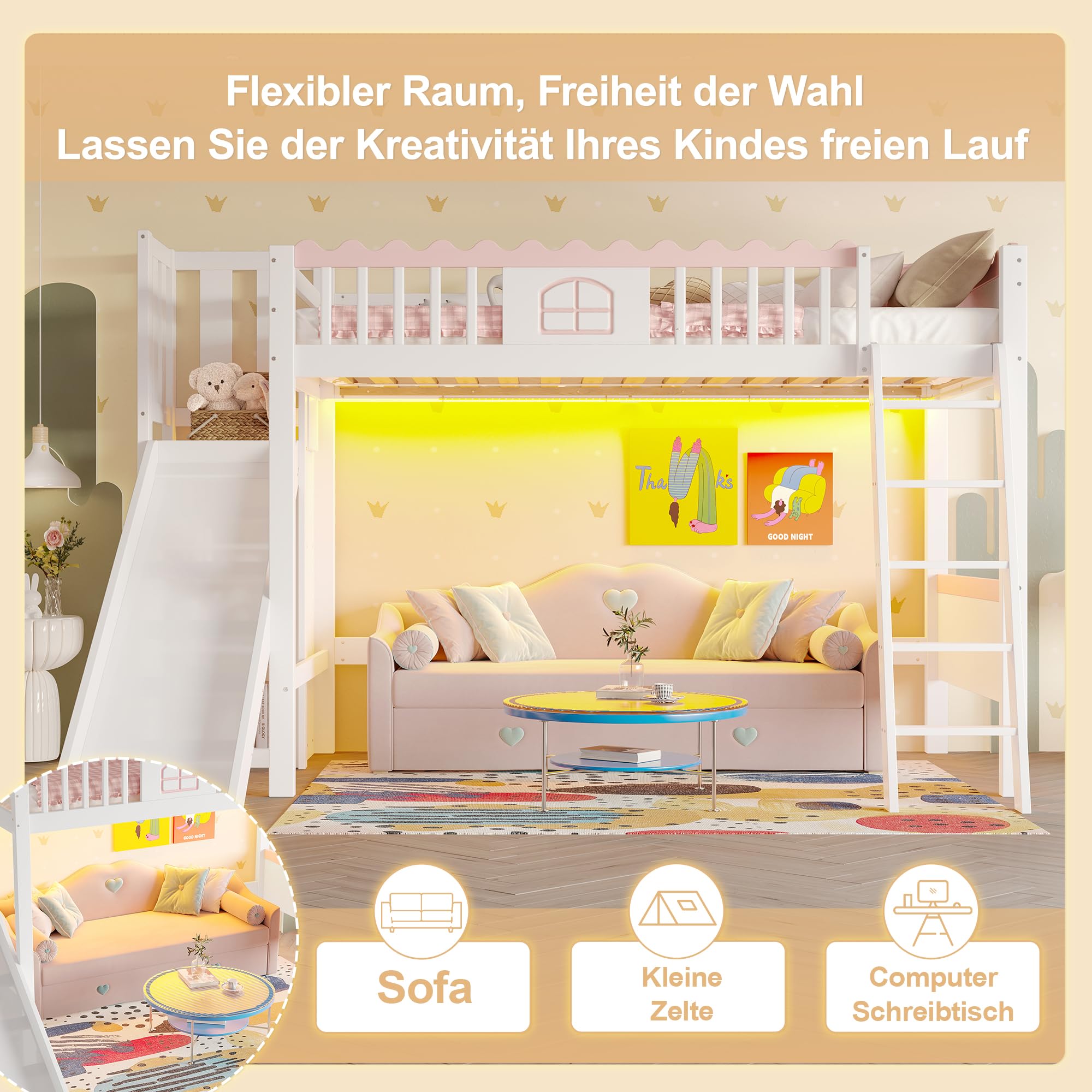 Merax Kinderbett 90x200, Hochbett mit Rutsche und Stauraum, Jugendbett Mädchenbett, LED-Bettgestell mit Lattenrost(ohne Matratze), Einzelbett aus Kiefernholz, EN747 Zertifiziert, Weiß