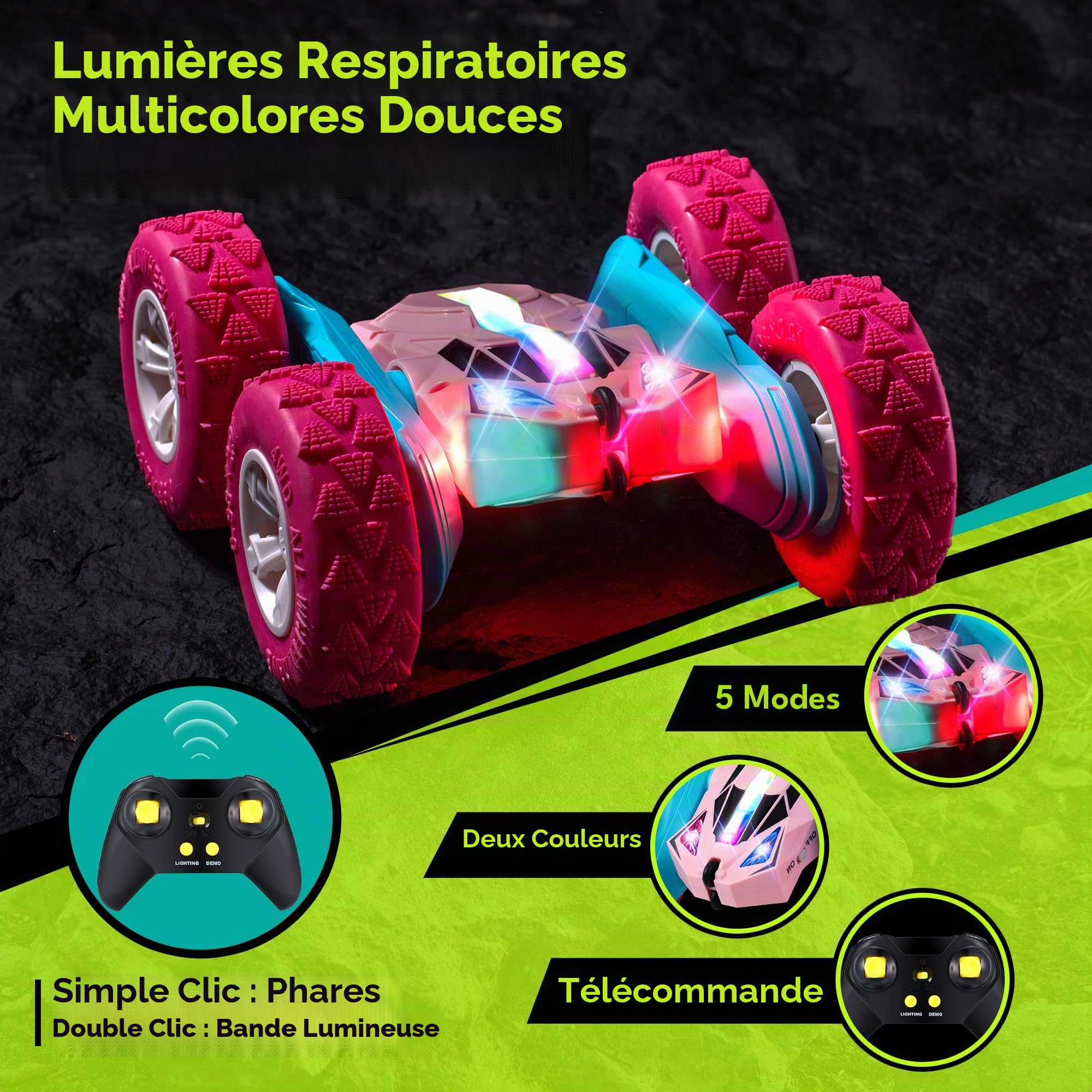 Threeking Voiture Télécommandée Enfant RC à Cascades Rose Fille dès 6 Ans