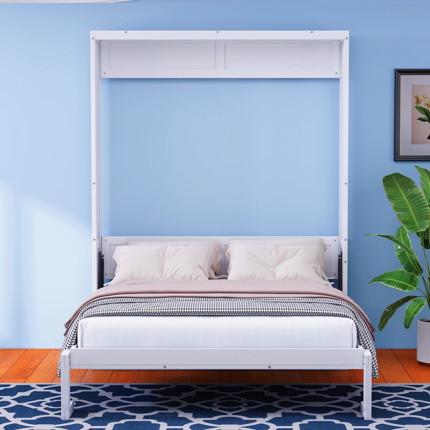 KLMM Modern Wooden Queen Size Murphy Bed 68-inch Cabinet Bed Folding Wall Bed with Desk Combo,for Small Spaces Apartments Studio Guest Room Use (White@Desk/, Queen)