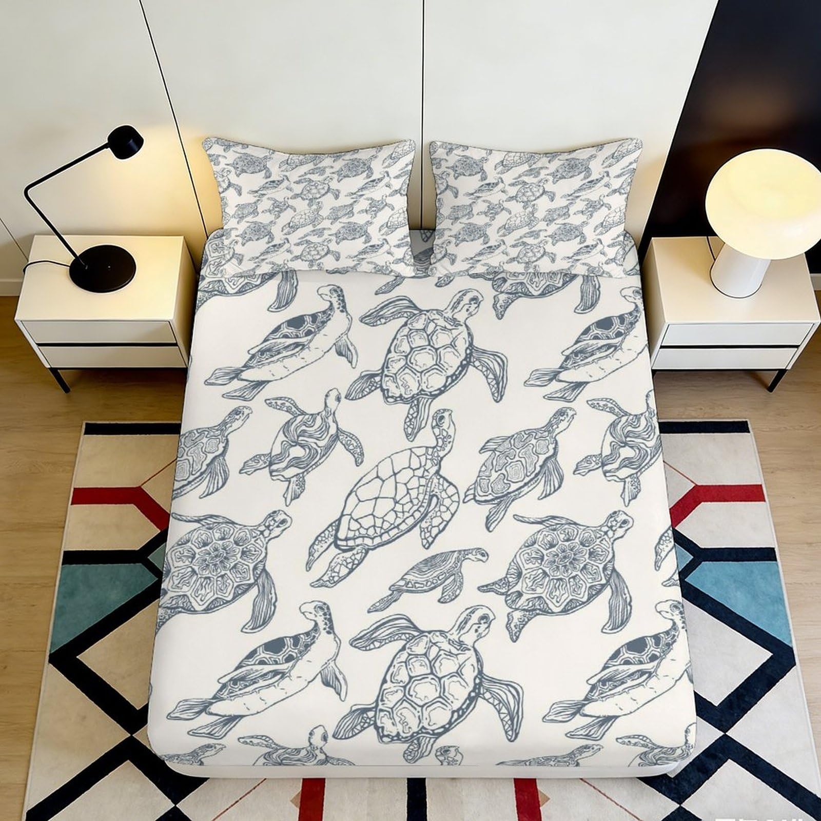3D Printed Sea Turtle Fitted Sheet Microfiber Soft Breathable Ocean Wave Mattress Cover for Bedroom Decor 90x200x25cm