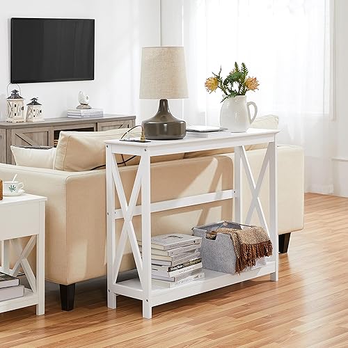 Miniatura 4 de Yaheetech Mesa consola de 40 pulgadas con 2 salidas y 2 puertos USB mesa de entrada de madera con diseño en forma de X mesa de sofá estrecha para