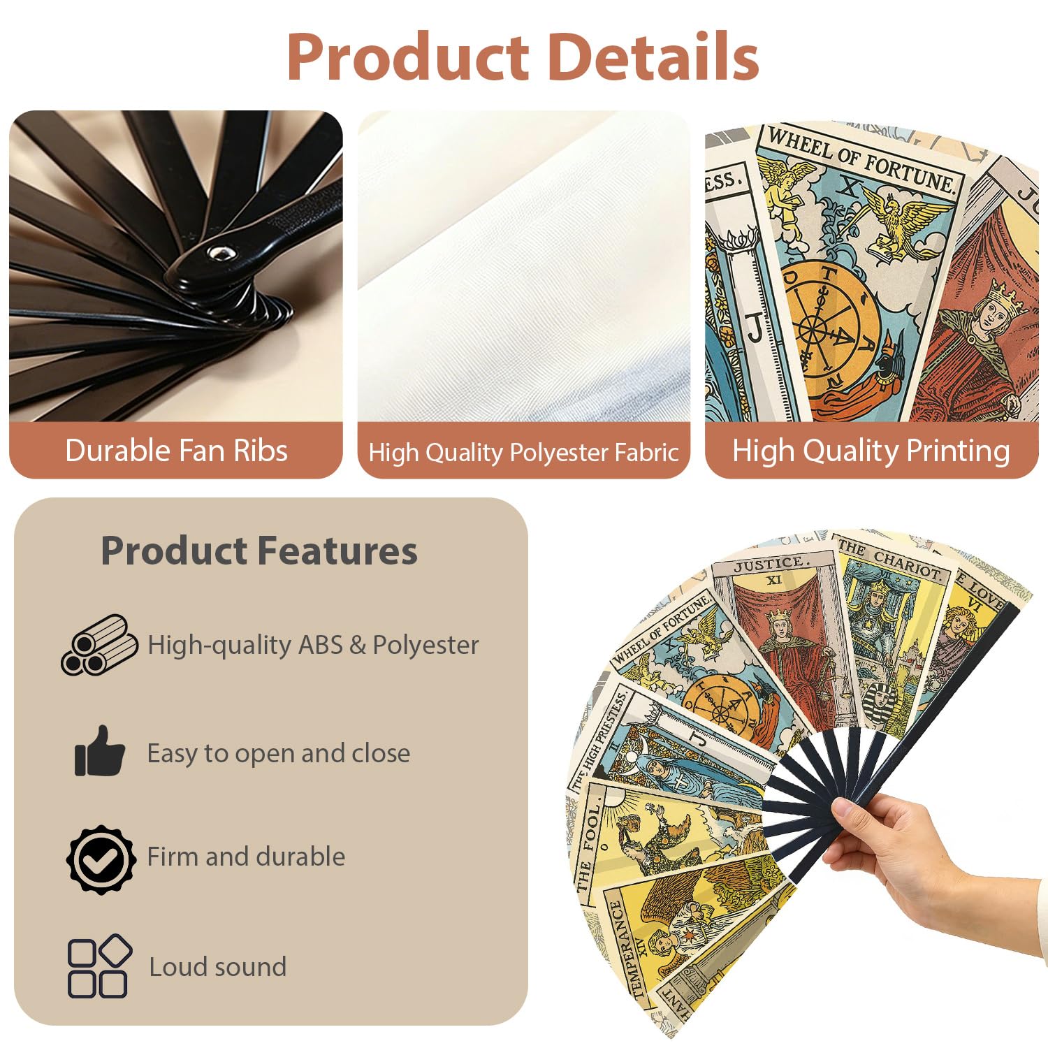 Éventail de tarot, éventail mystique avec motifs de cartes de tarot, pour festival, marché médiéval, cosplay et costume de fête, cadeau pour les amateurs de divination