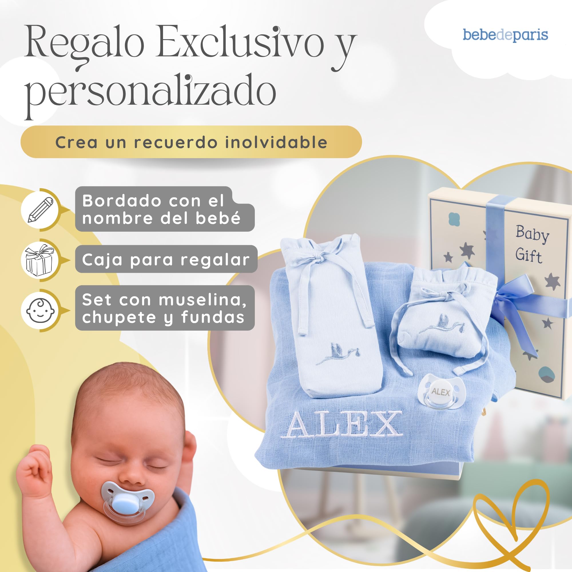 Geschenk für Neugeborene Jungen und Mädchen mit Musselintuch, Schnuller und Etui, ideales Körbchen für praktische Details, personalisiertes Körbchen (Blau)