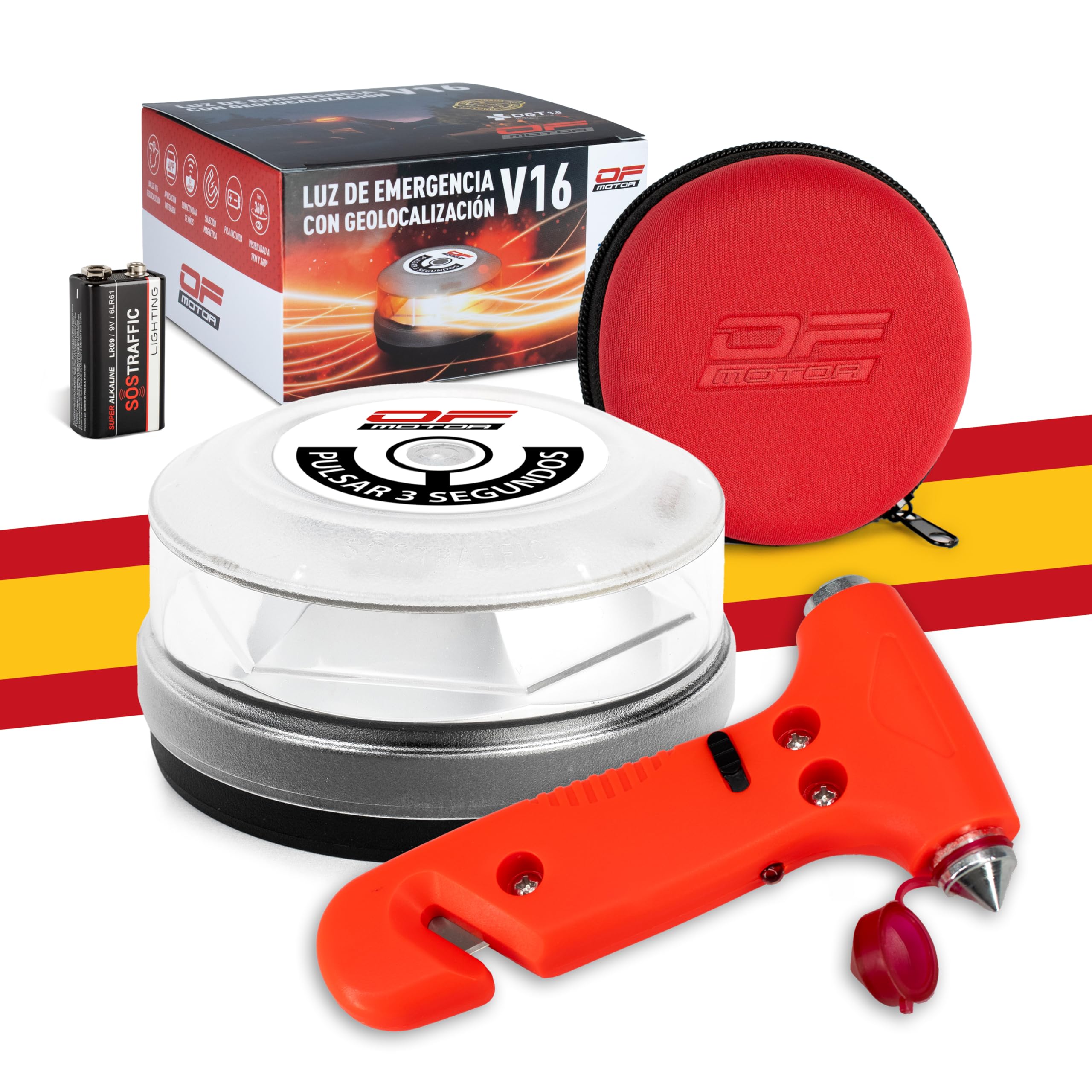 Baliza V16 Homologada DGT 3.0 con Geolocalización – Luz de Emergencia Ultrapotente 4× Visible DÃa/Noche – Cobertura Nacional Multioperador – Datos hasta 2038 – Incluye Martillo de Emergencia 4 en 1