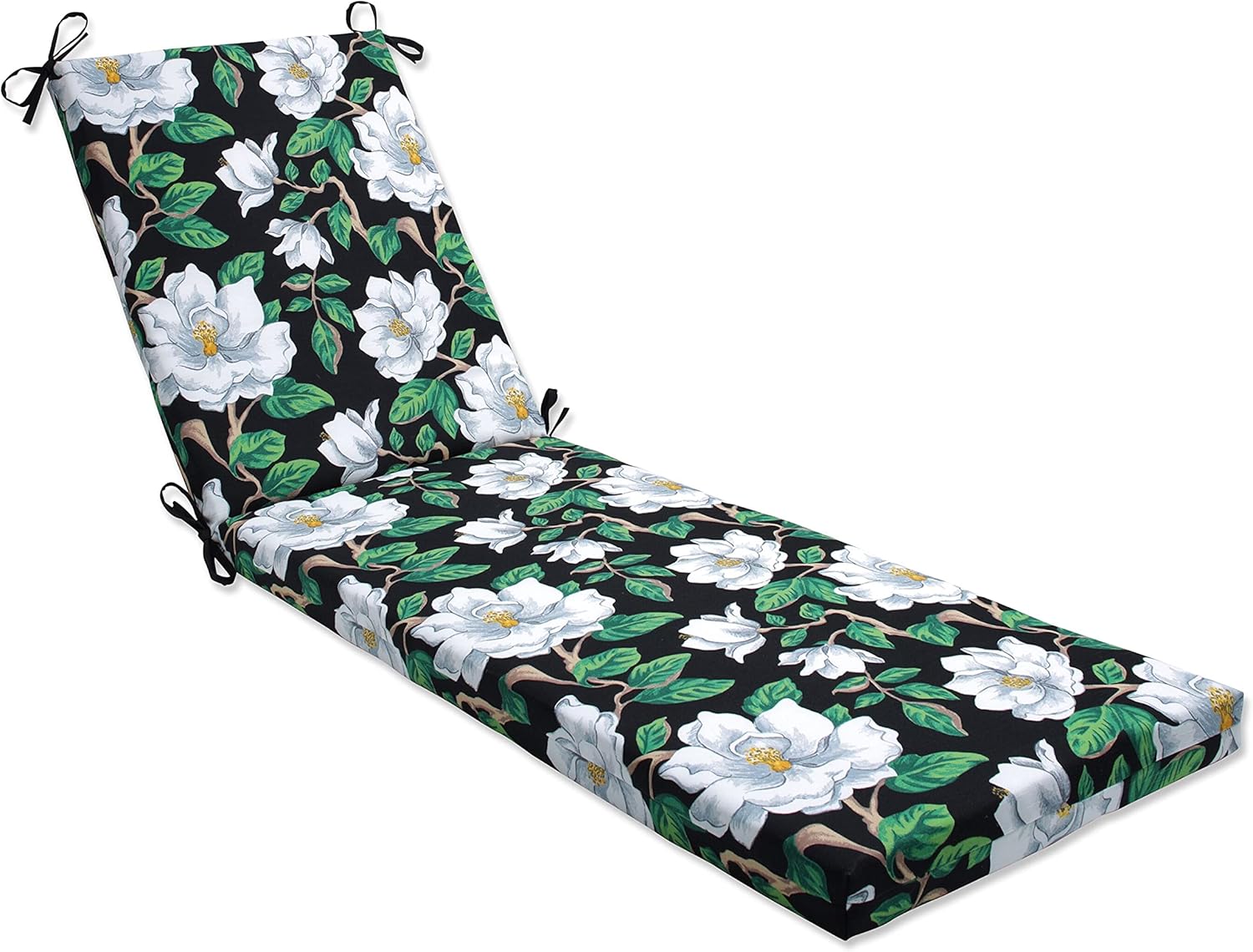 Pillow Perfect Floral Indoor/Outdoor Solid Back Chaise Lounge Cushion with Ties, Plush Fiber Fill, Weather, and Fade Resistant, 80" x 23", Black/White Sophia, 1 Count
