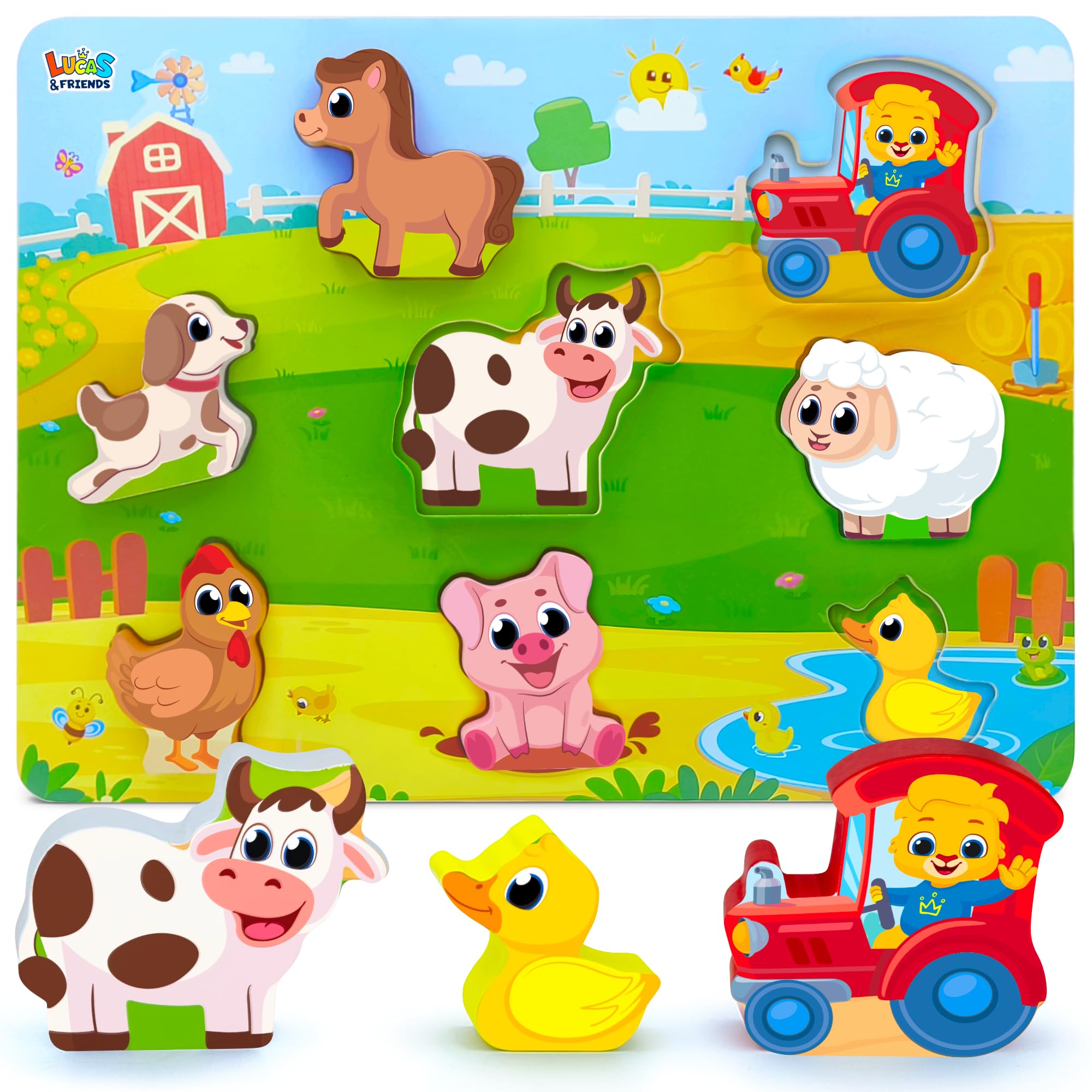 Farm Animals Toys for Ages 2-4, Wooden Montessori Toys for 2 3 4 Year Old, Educational Learning Toy for Toddlers, Preschool Learning Activities, Jumbo Wooden Puzzle for Toddlers by Lucas & Friends