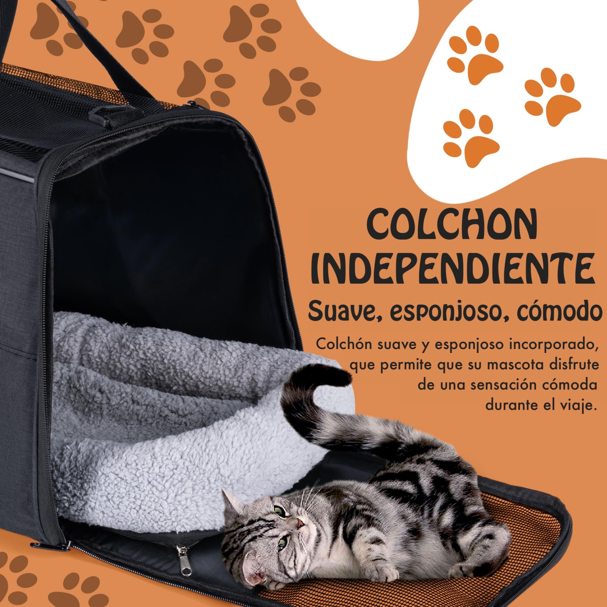 Transportin Perros y Gatos. Bolsa de Transporte Viaje Transpirable Mascotas. Bolso con colchón. Tres Puertas. Medidas 12x44x24cm. Aprobado por Las aerolíneas. Paseos, avión, Coche, Tren, Ciudad.