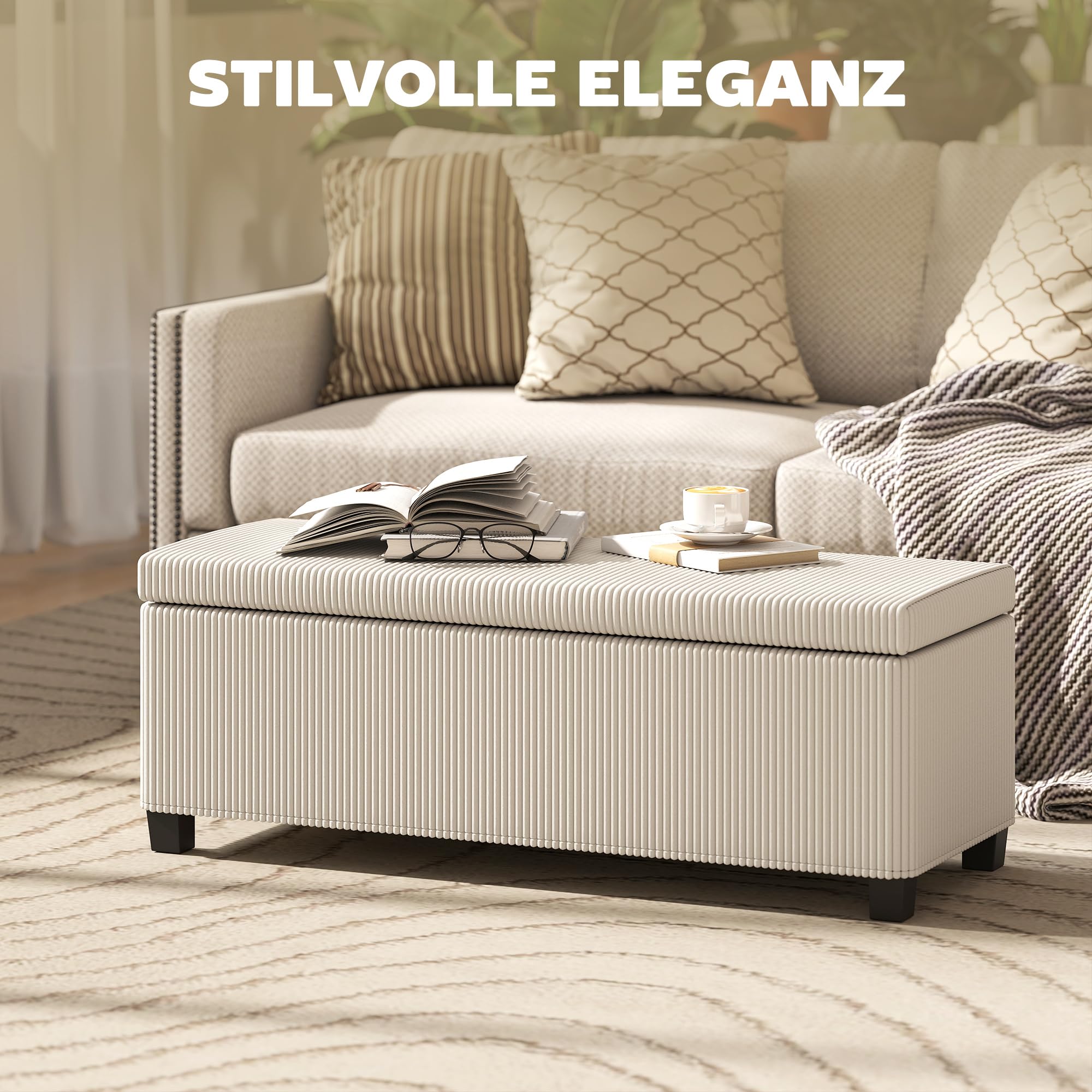 HOMCOM Sitzbank mit Stauraum Abnehmbarem Deckel 112 x 42 x 40 cm Beige | Polsterbank, Cord-Optik, Bank Sitztruhe, für Wohnzimmer, Schlafzimmer, Flur
