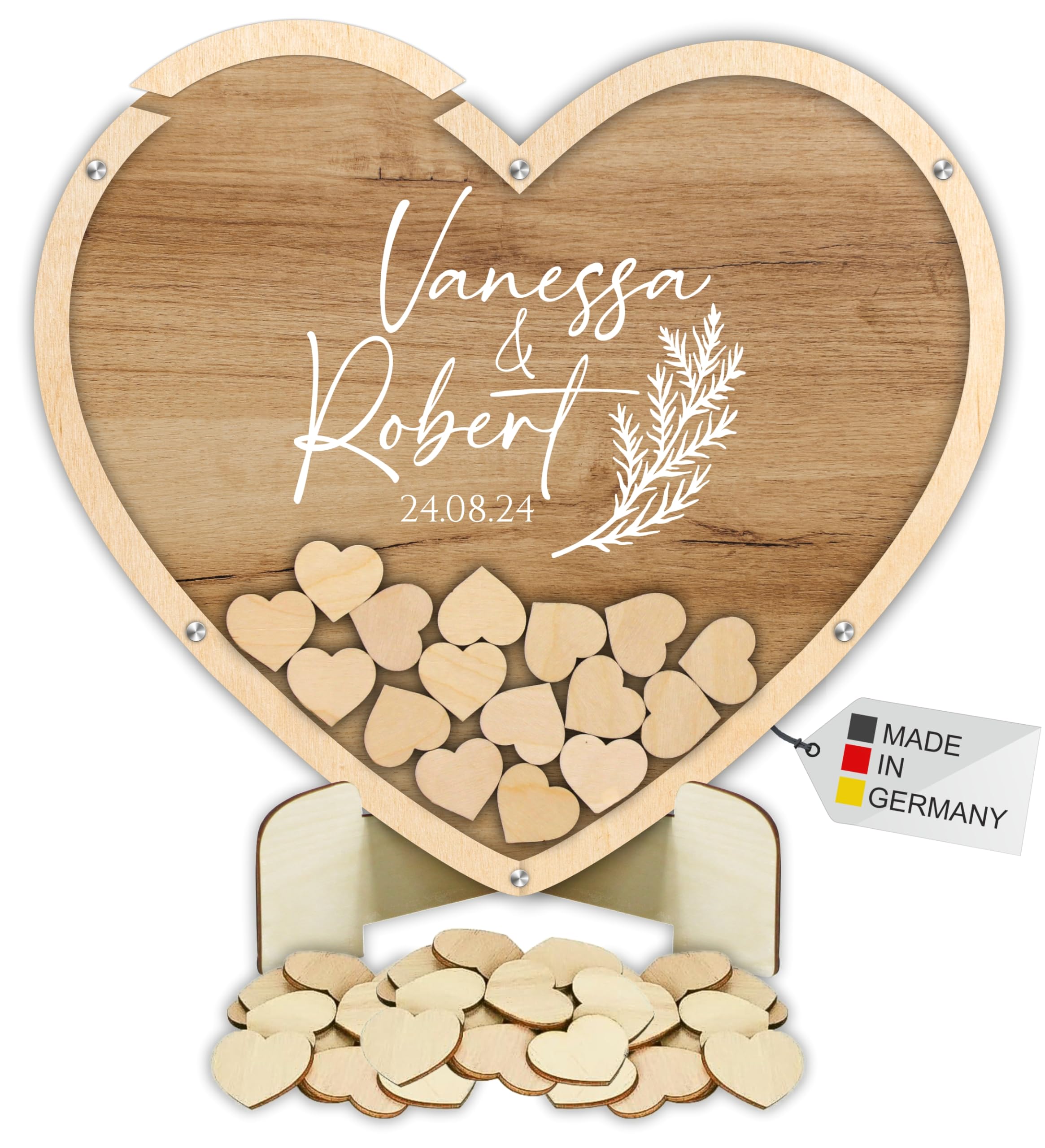Manschin-Laserdesign Gästebuch Drop in aus Holz und Acrylglas zur Hochzeit, personalisiert, Wunschgravur, Wunschfarbe inkl. Herzen (Holz)