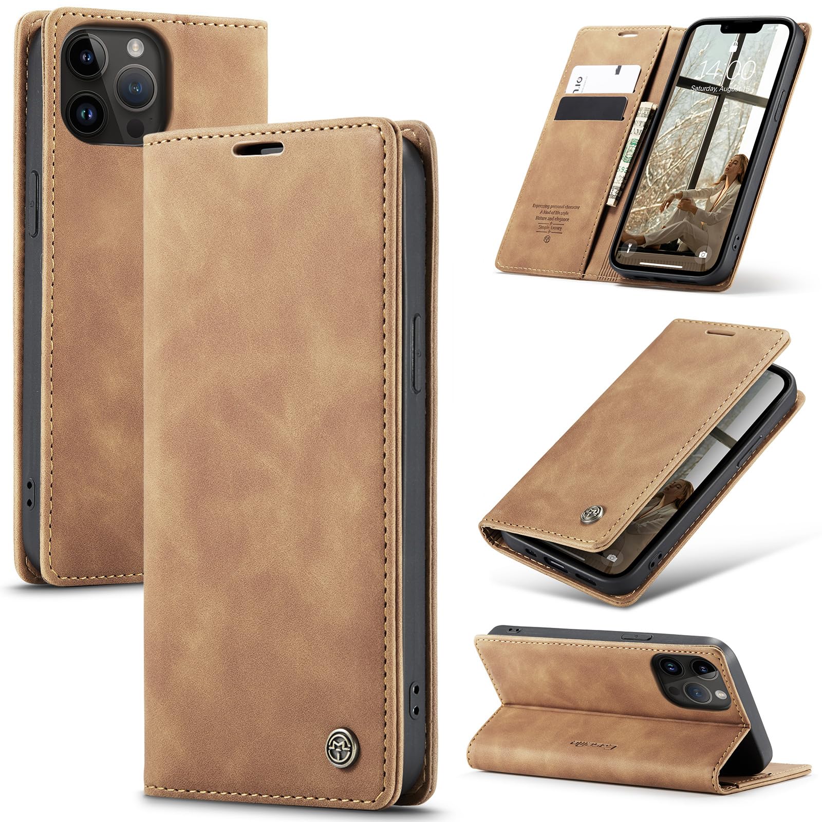 Azororo Cover per iPhone 14 Pro 5G, Premium PU Pelle Custodia, Magnetica Carta Fessura Portafoglio Case, Flip Cavalletto Custodia per iPhone 14 Pro - Marrone