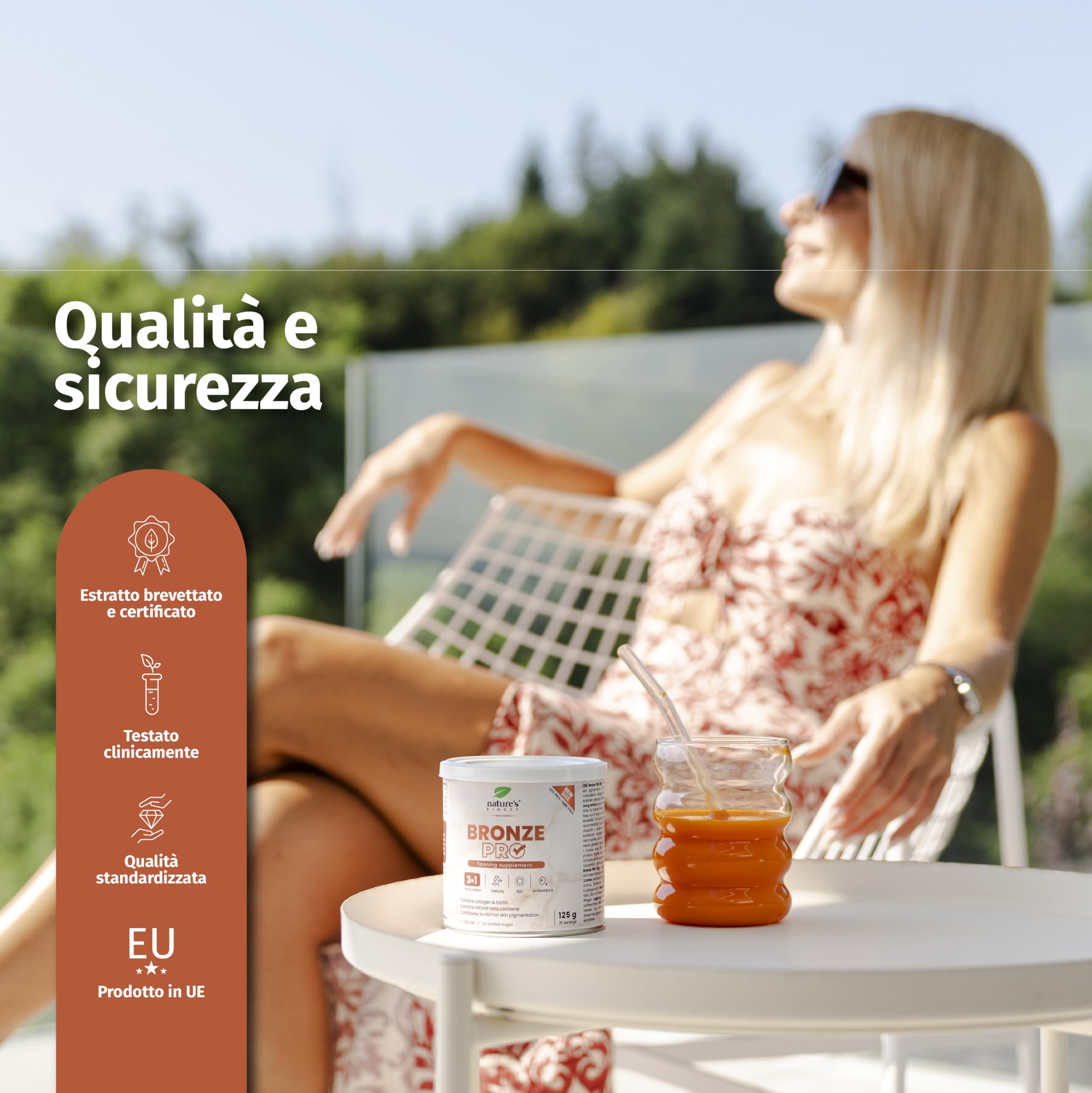 Nature's Finest Bronze PRO - Integratore Solare con Betacarotene Ultra Attivo - Abbronzante da Bere per Corpo e Viso - Acceleratore Naturale, Autoabbronzante, Protezione Solare - 125 g