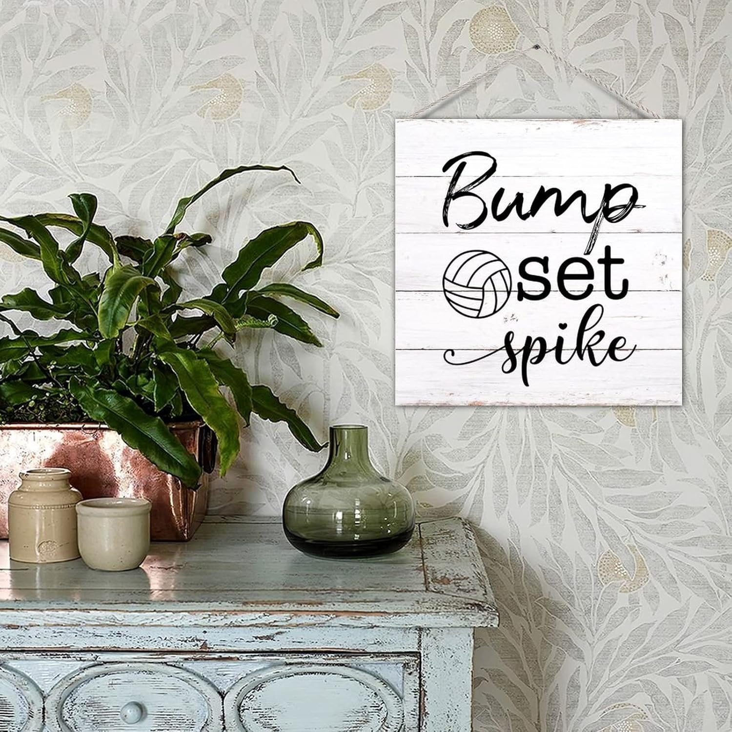 Antique Decorative Wooden Sign Bump Set Spike Volleyball Wood Wall Pediment Door Hanger Plaque Motivational Home Wall Decorations for Living Room Patio 16x16 Inch