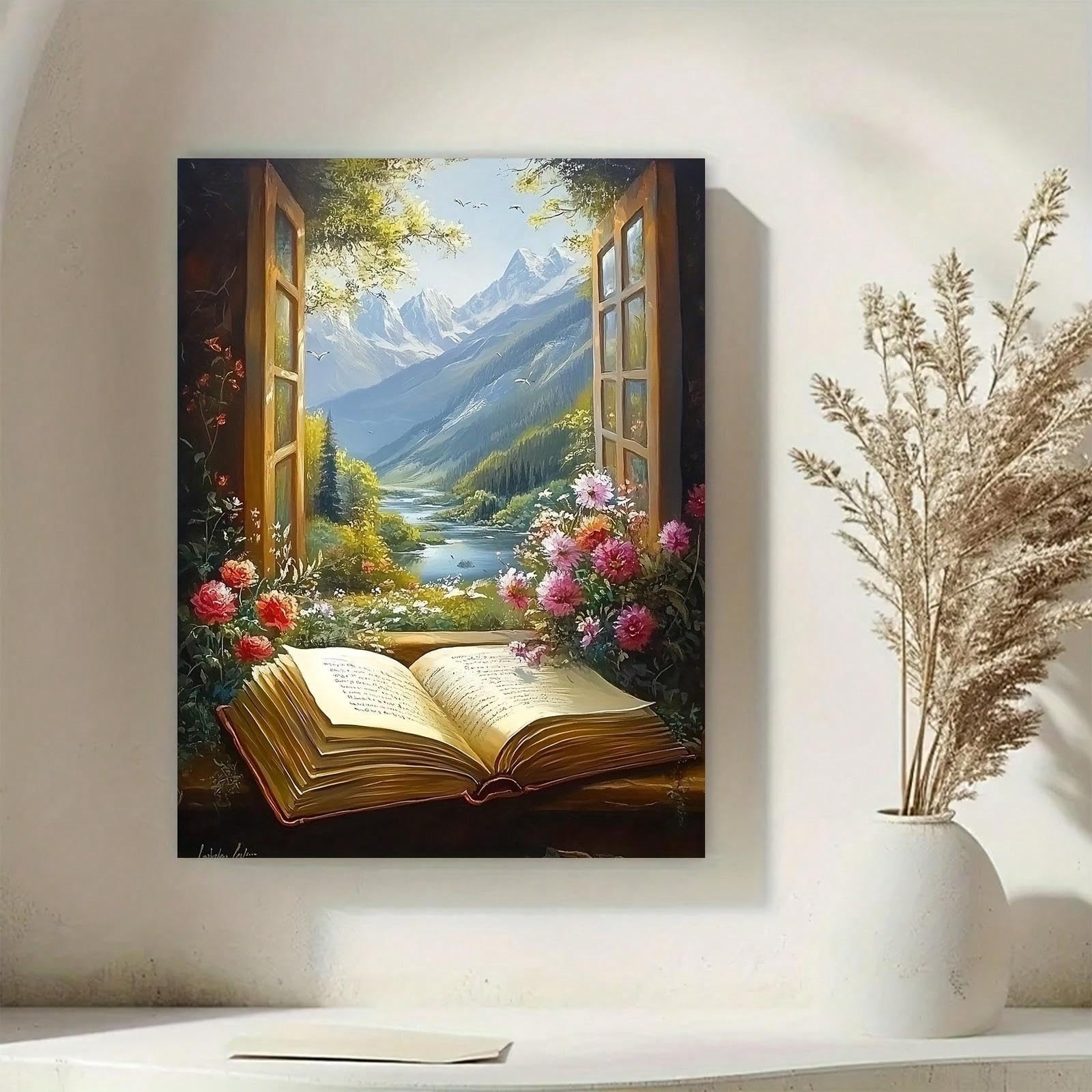Pintura sobre lienzo, arte de pared, libro abierto con encantadora vista de paisaje para el hogar, oficina, sala de estar, dormitorio, restaurantes, decoración, 70x108cm, marco interior