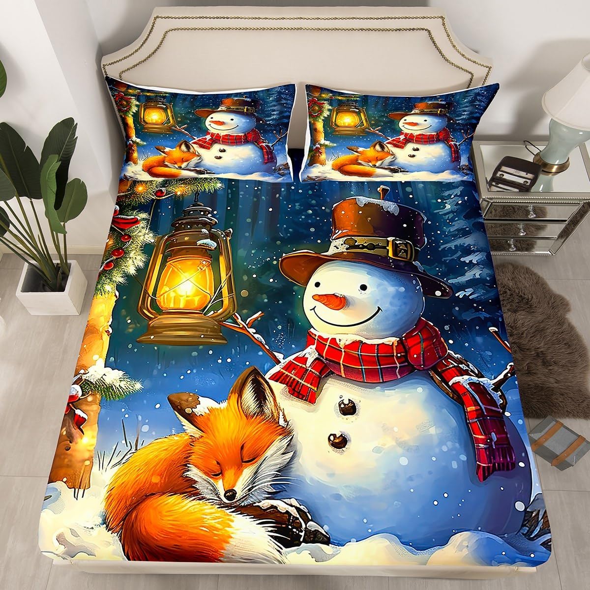 Snowman Fitted Sheet Kawaii Bed Sheets Queen,Cartoon Fox Bedding Set Snowflake Toddler Sheets for Men,Christmas Tree Christmas Decorations