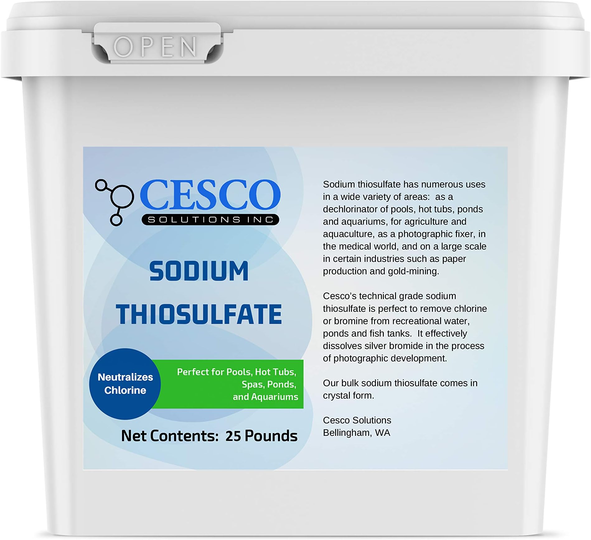 Sodium Thiosulfate Pentahydrate 25 lbs by Cesco Solutions - for Pools, Aquarium, Pond - Technical-Grade for Hot Tubs