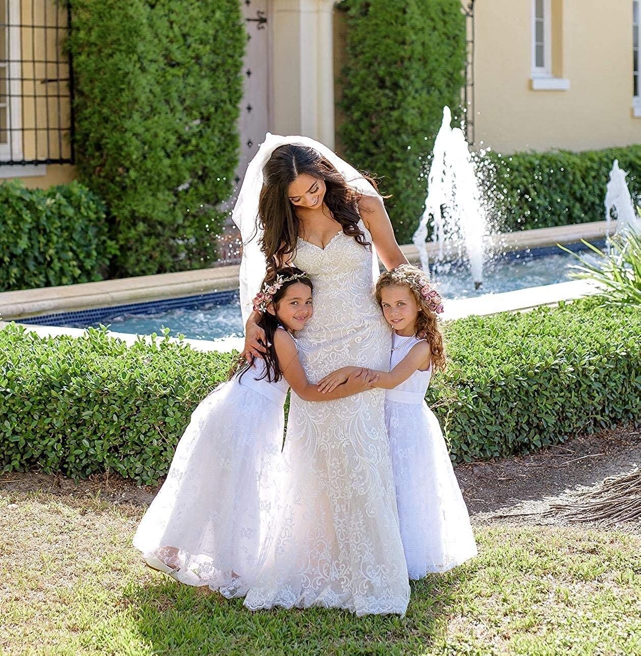 Aibaowedding Chic Abito lungo da comunione per bambini, in tulle ricamato con cintura in raso/boho a linea A, per damigelle d'onore, per ragazze 2-12 anni