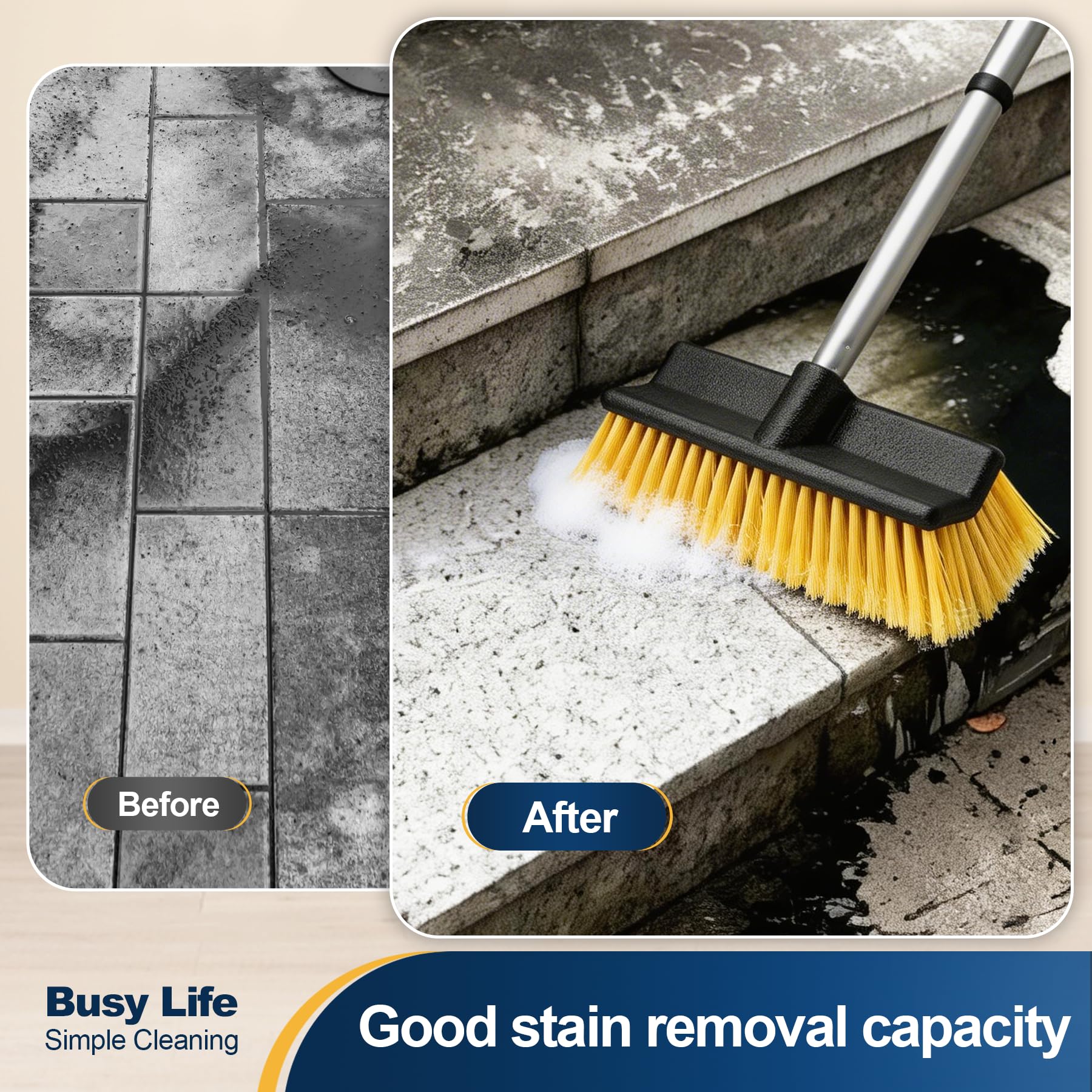Yocada Spazzola per pavimenti con manico estensibile a 4 sezioni, setole morbide e medie, impugnatura antiscivolo, per esterni, patio, bagno, garage, pulizia del calcestruzzo, 140 cm
