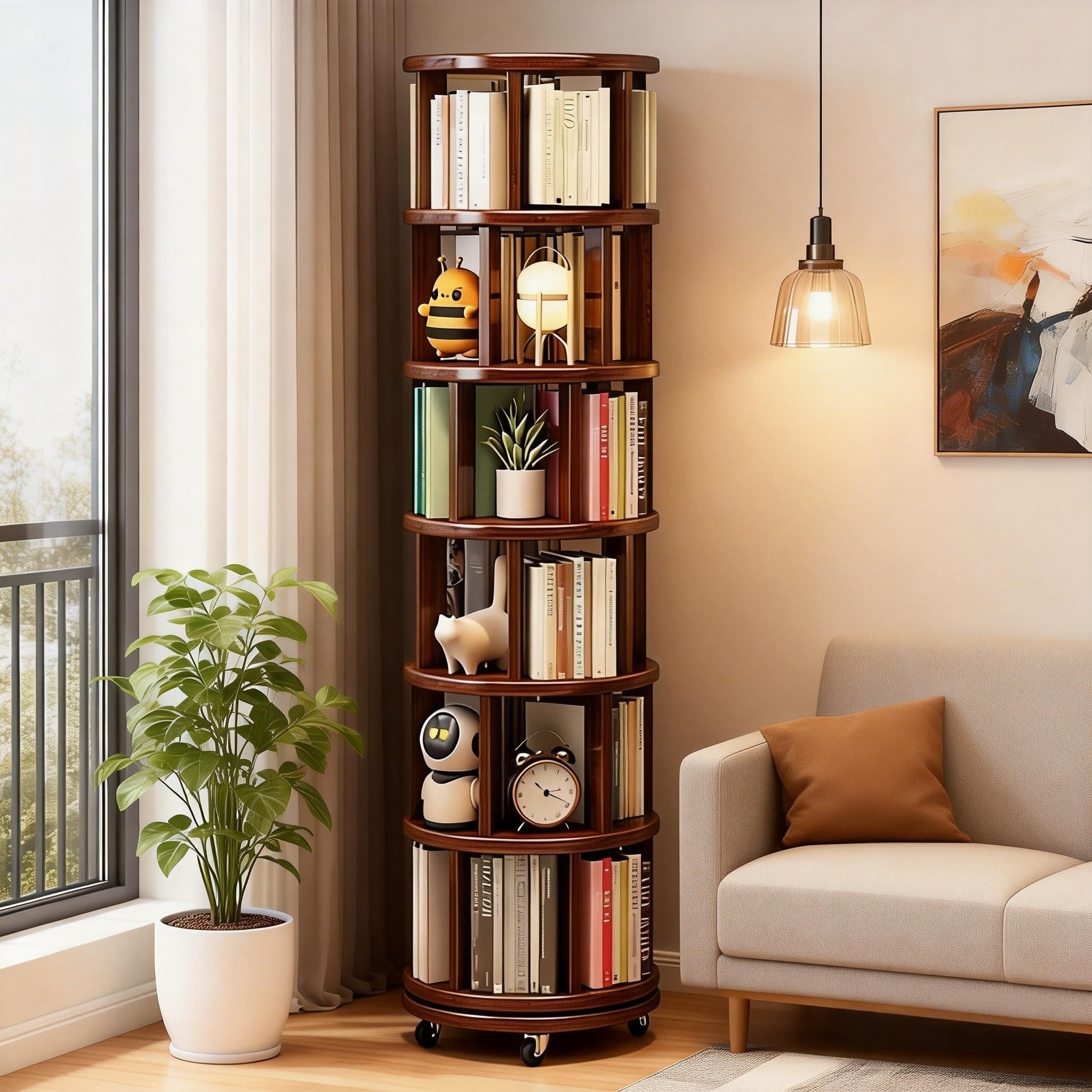 360° Rotating Tower Bookshelf with Locking Wheels