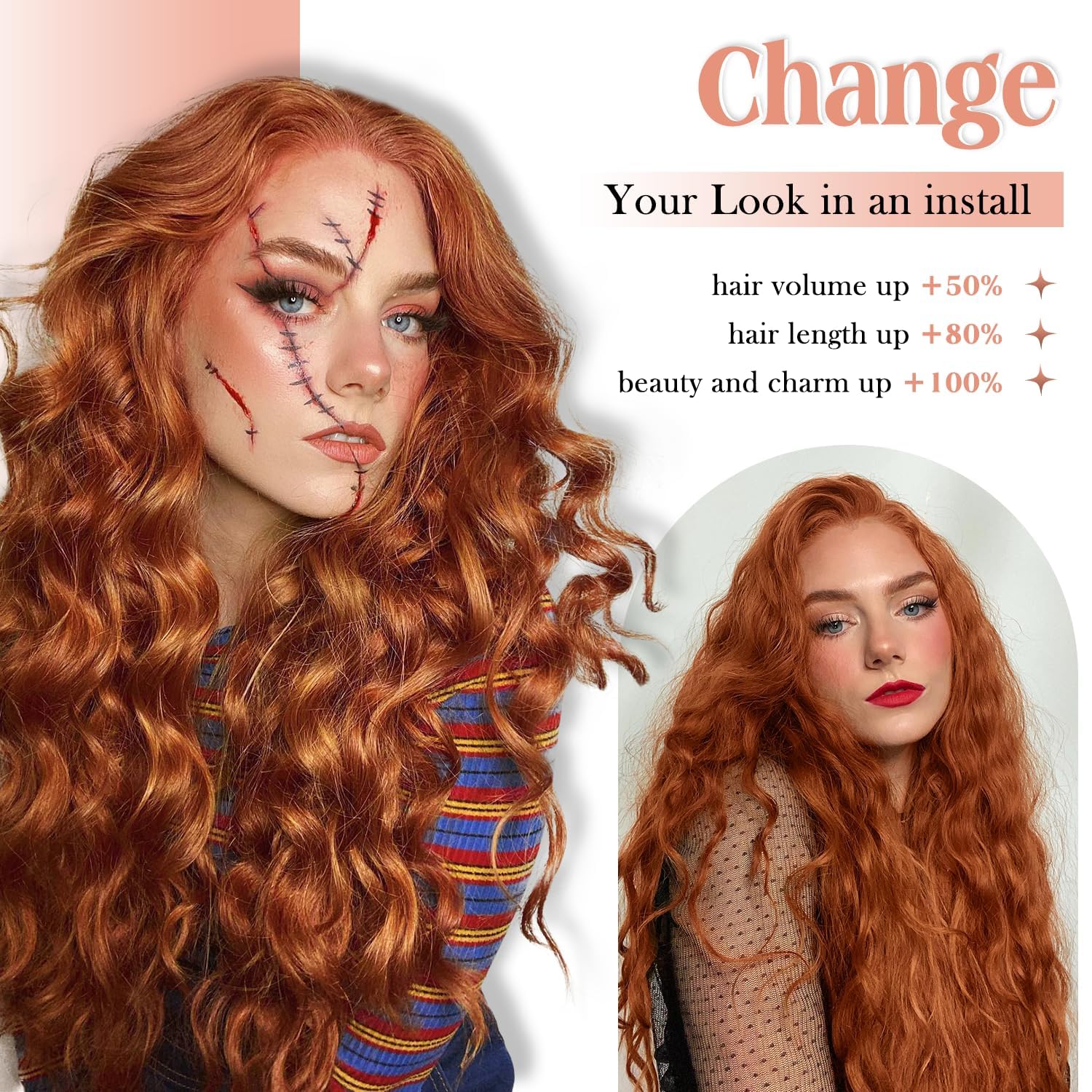 PORSMEER Long Wavy Middle Part Fluffy Curly Copper Wig - Natural Looking Synthetic Heat Resistant Fiber Wigs for Daily Party Use - Image 2