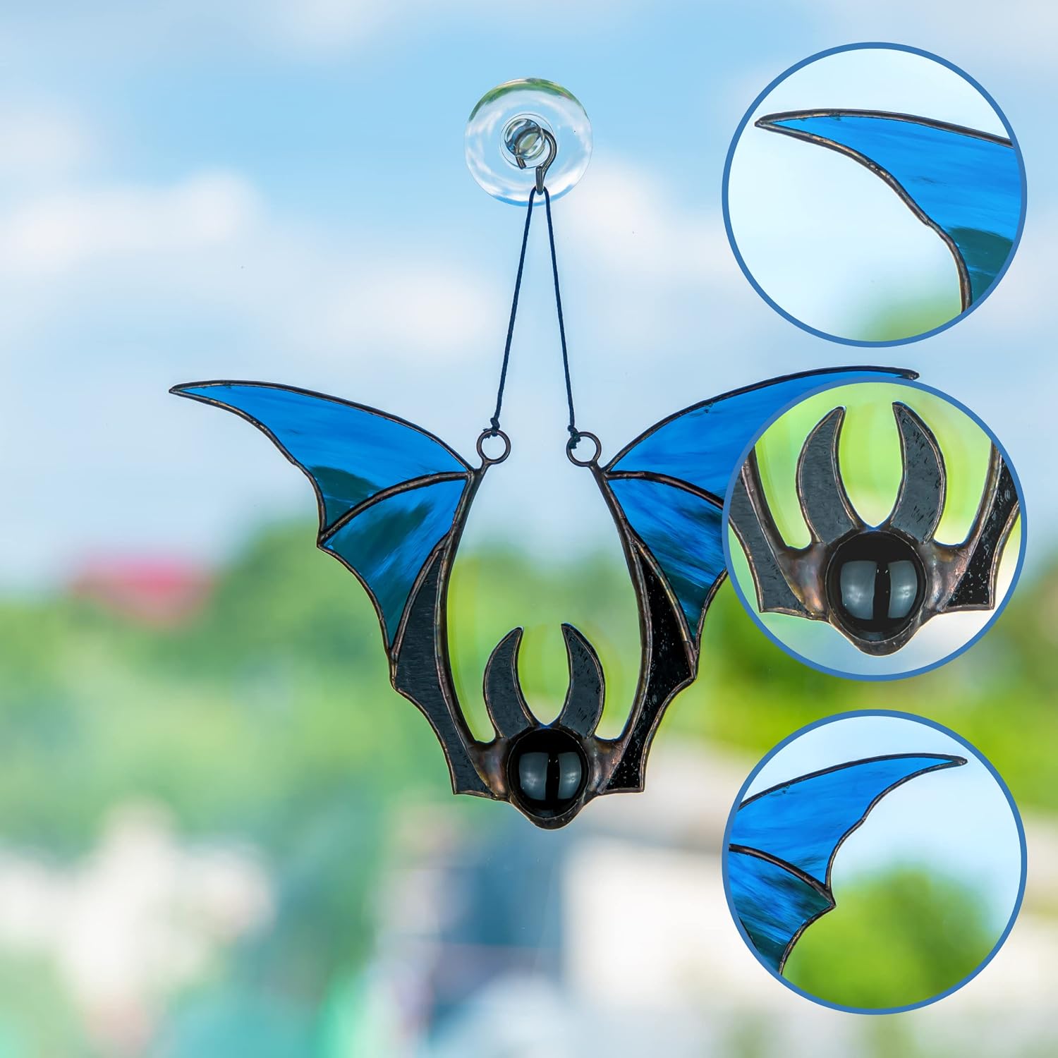 Halloween Multicolor Bats Stained Glass Window Hangings Ornament Suncatcher Windows Doors Room Home Decoration Black Cat Halloween Decor Spooky Goth Decor Bat (Blue)