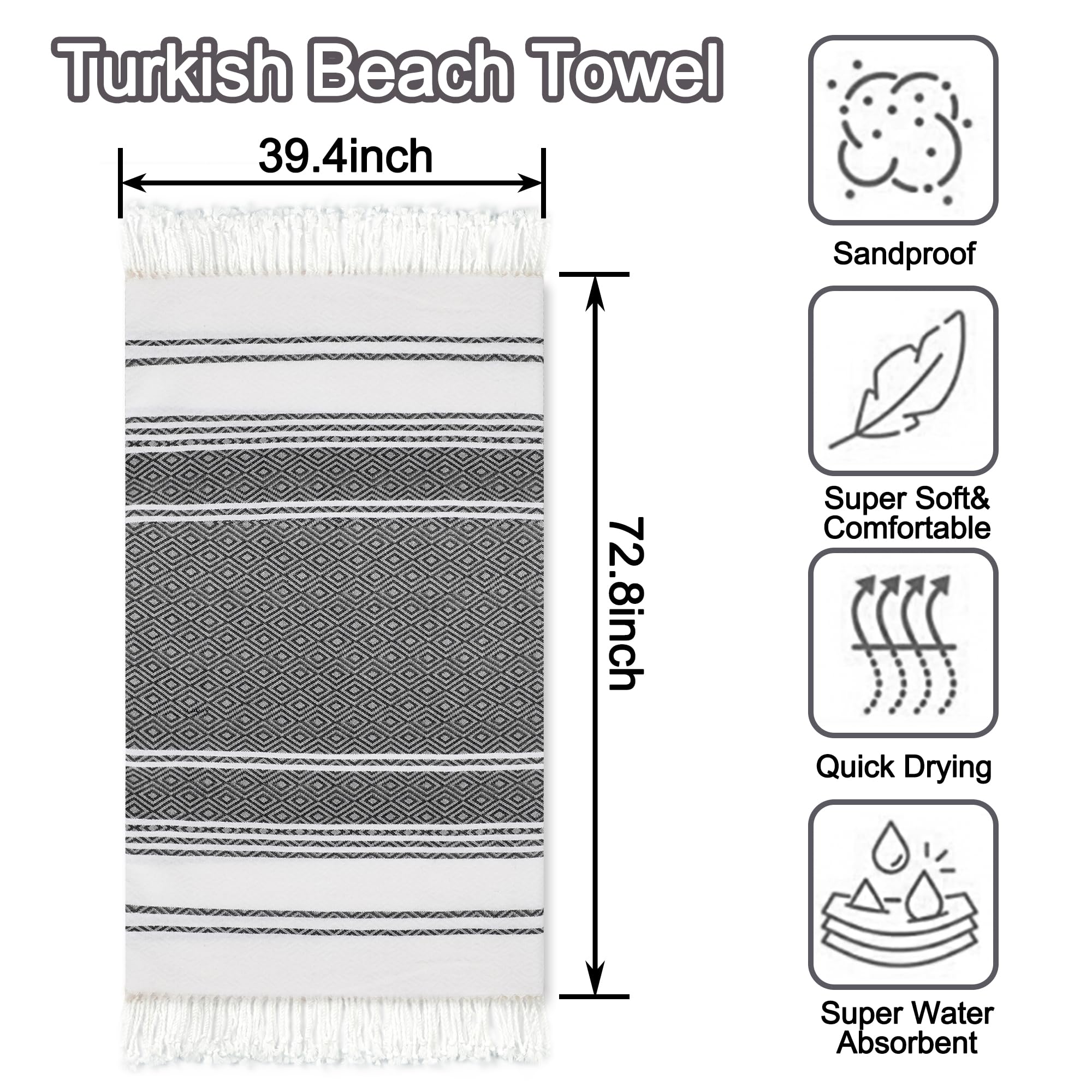 Toalla de playa turca de gran tamaño, 39 x 72 pulgadas, color gris oscuro, paquete de 2