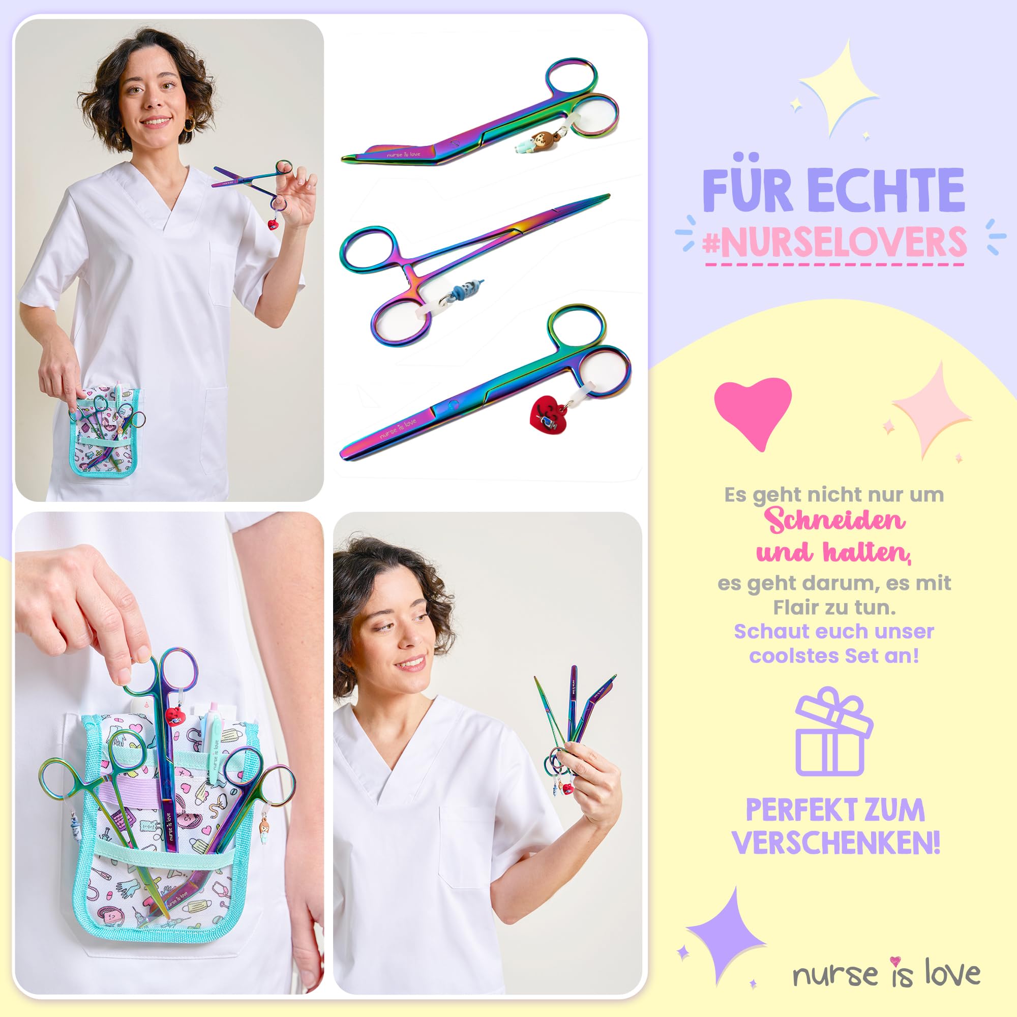 Nurse is Love Set 3 Stück Krankenschwester-Scheren Pico de Pato & Gerade Mayo + Halterungswerkzeug | Scheren mit Roma-Spitze, Zubehör für Krankenschwestern, Erste Hilfe - Cromium