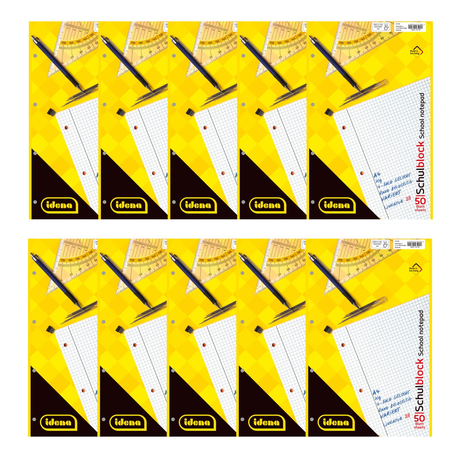 Idena 90388 - Pad Squared A4, Pack of 10, School Pad with 50 Sheets and Double Margin, 70 g/m² Paper, 4-Hole Punched and Glued Top