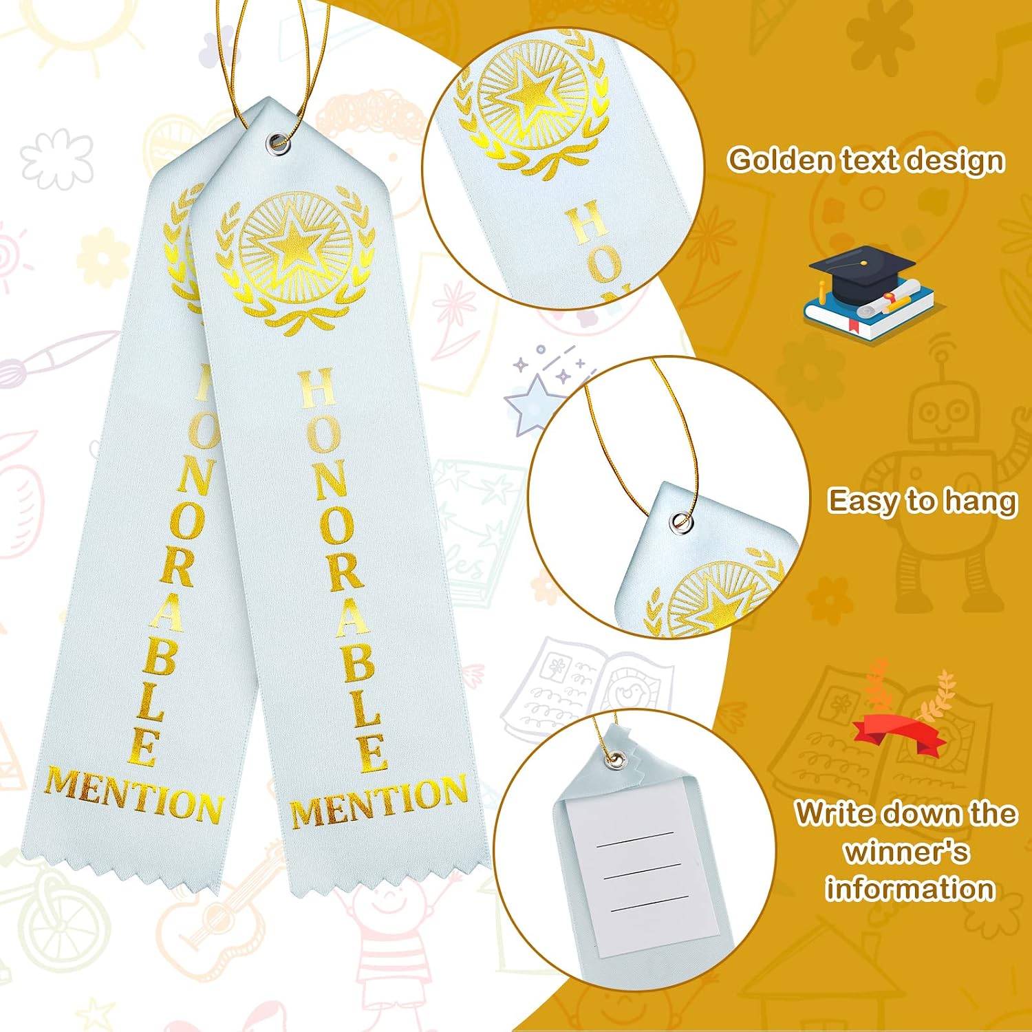 100 Pcs Honorable Mention and Participation Award Ribbons, Flat Carded Light Blue Ribbons with Event Card and Gold String for School Team Kids Competition Office Sport Event Prize Ornaments