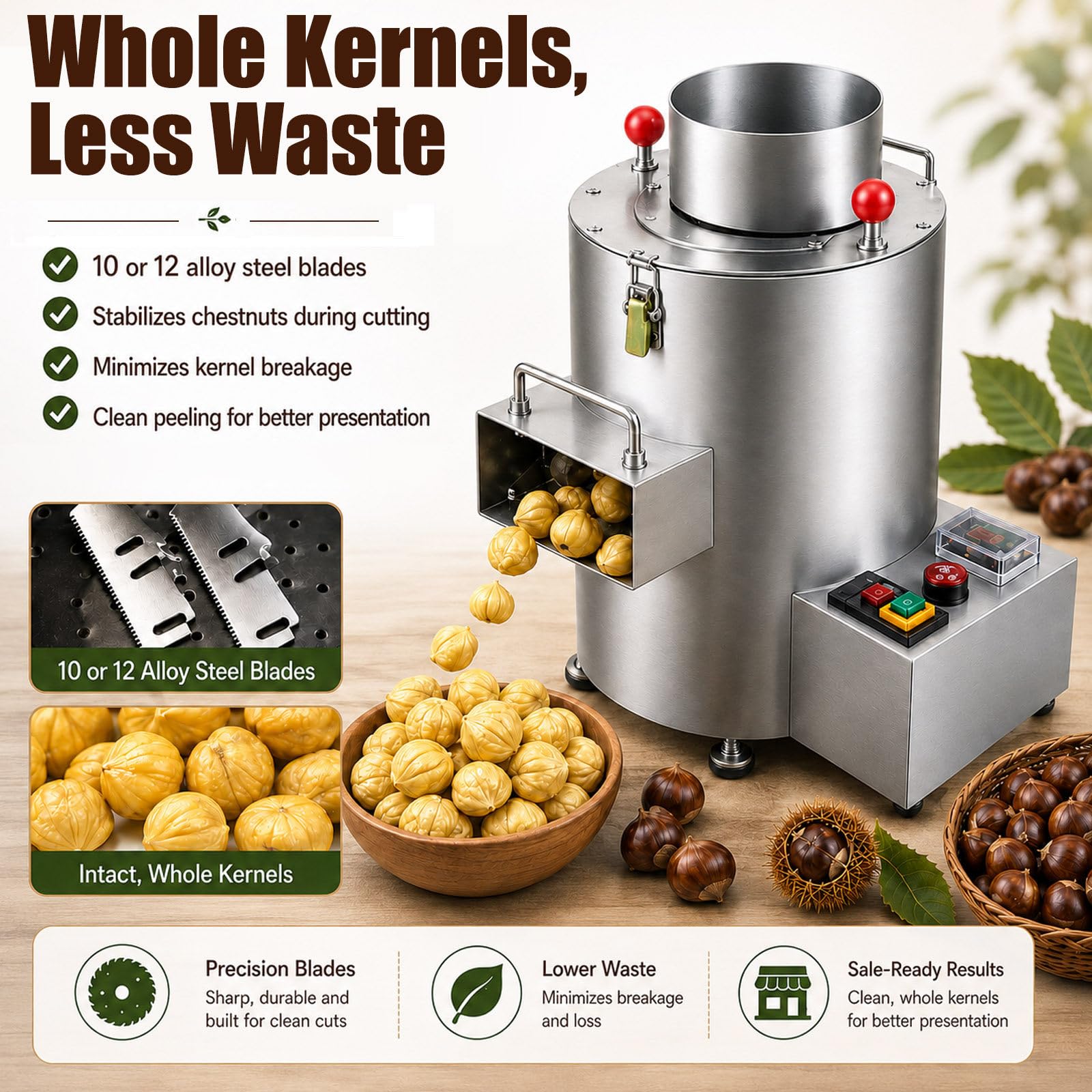 Pelatore Elettrico per Castagne, 550 W, Fino a 40 Kg/H, Con Timer 10Knife