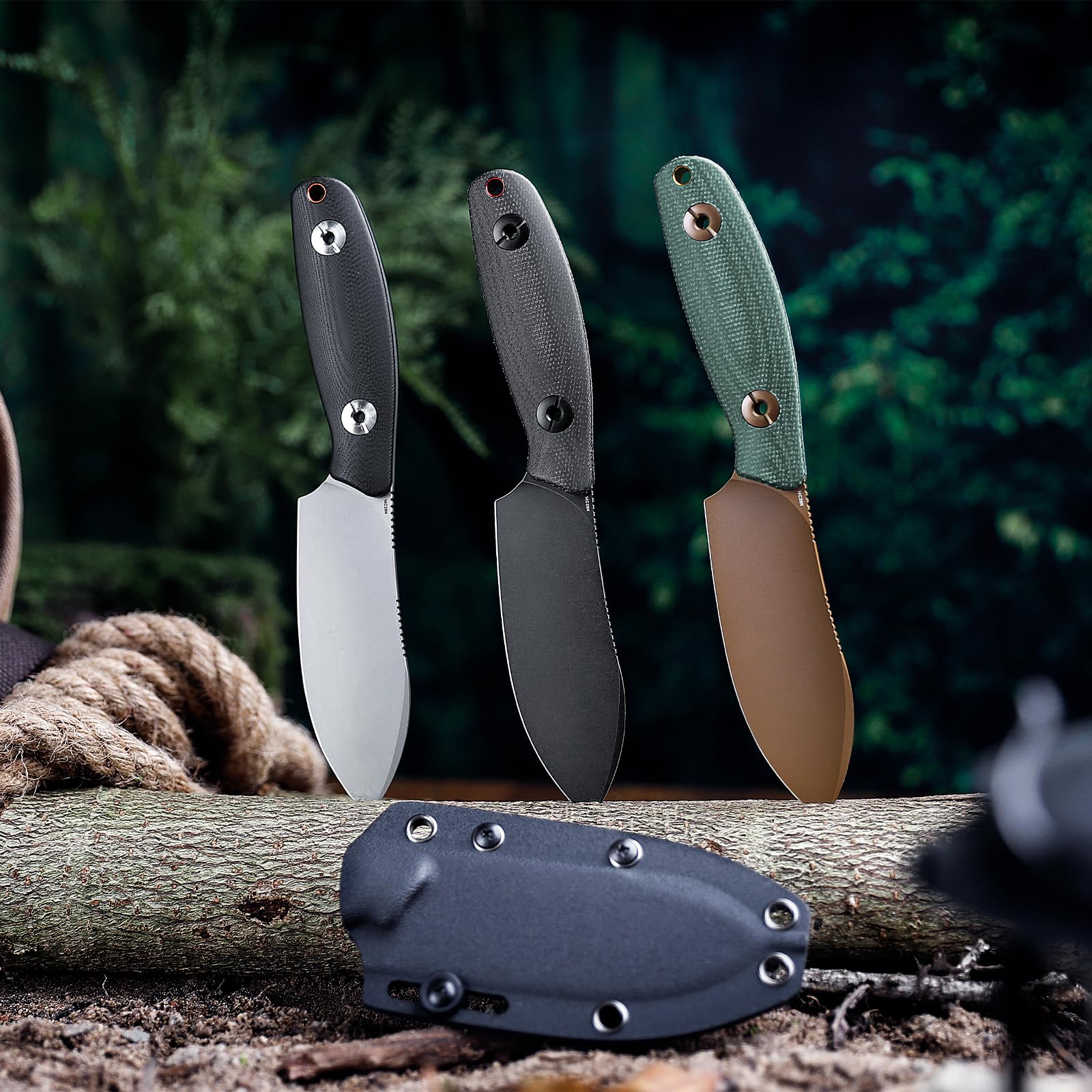 TRIVISA Lame Fixe de Couteau de Survie, Poignée G10 Noir, Outdoor Couteau avec Fourreau Kydex, Cadeau D'extérieur pour Homme, Aubergine-BG (Argent et noir)