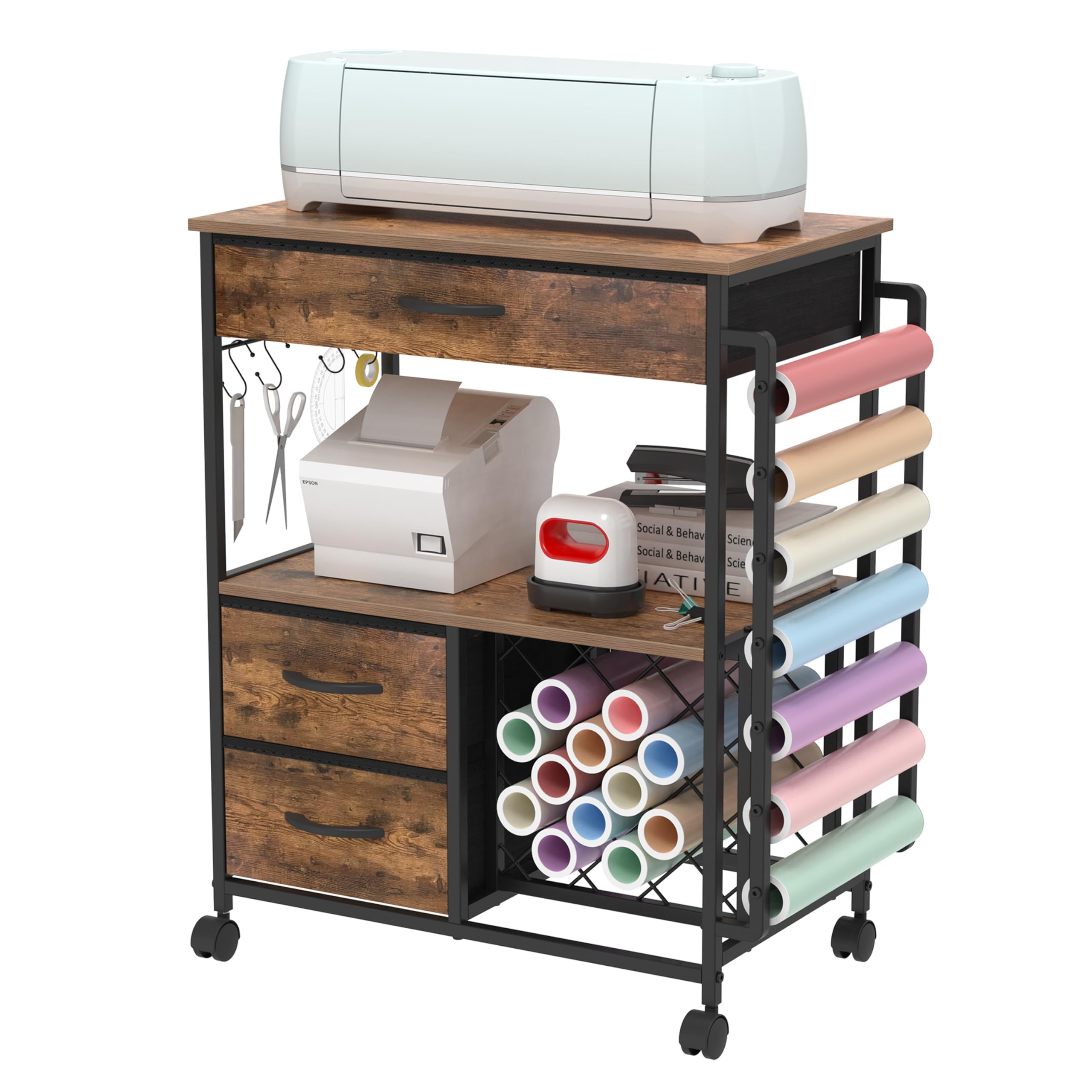 Trironsun Carrito de manualidades enrollable compatible con soporte de máquina de corte Cricut con cajones, soporte de vinilo, carrito de almacenamiento para accesorios de manualidades Cricut (marrón