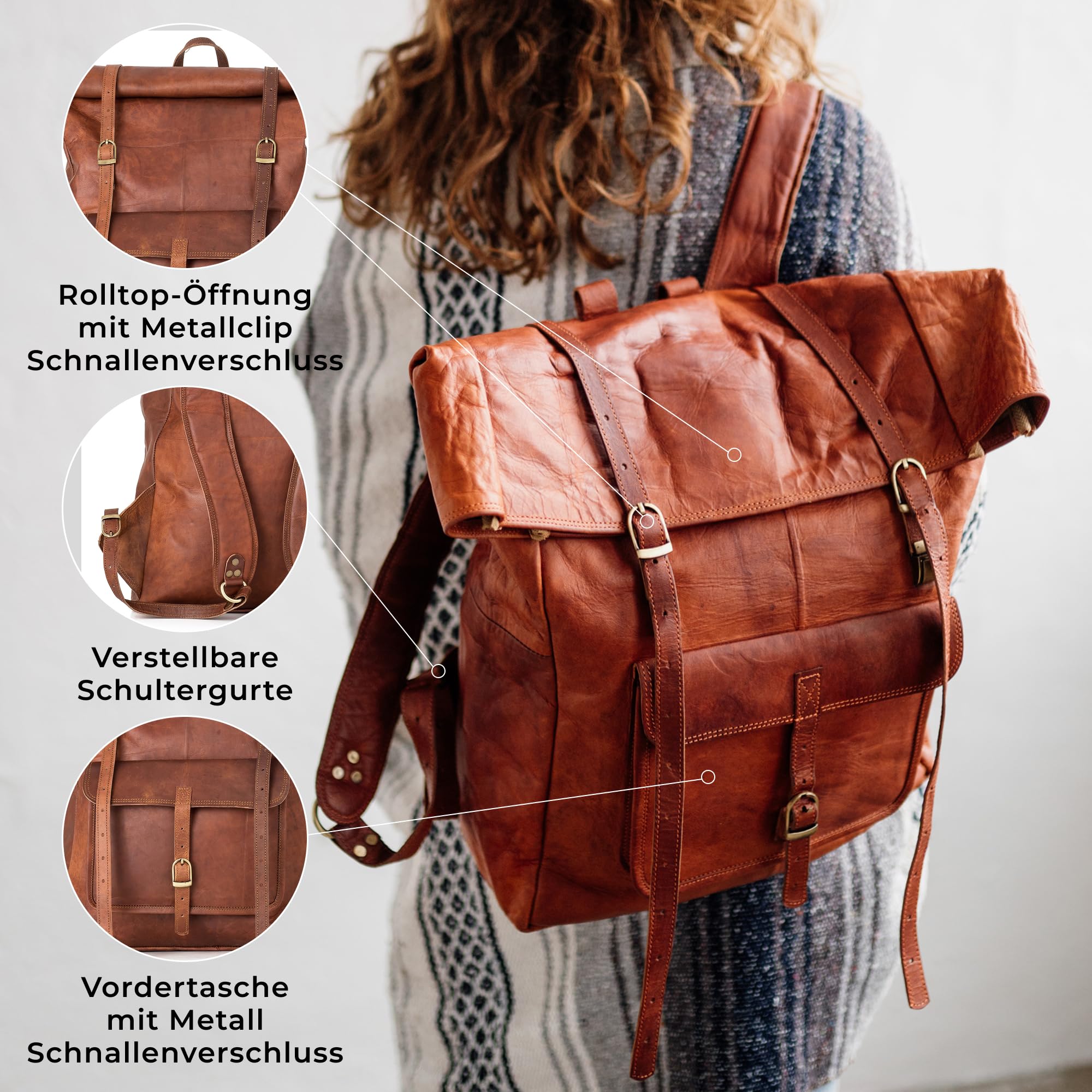 Berliner Bags Vintage Rucksack Leeds aus Leder, Fahrradrucksack mit Laptopfach für Damen und Herren