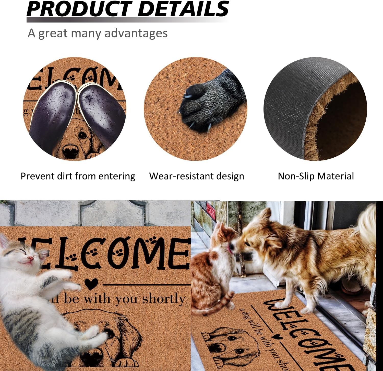 Funny Dog Welcome Mats for Front Door, Golden Retriever Mat Outside Entrance Indoor Outdoor Entryway, Keep Door Closed Sign Paw Print Doormat, 30x17 Inch