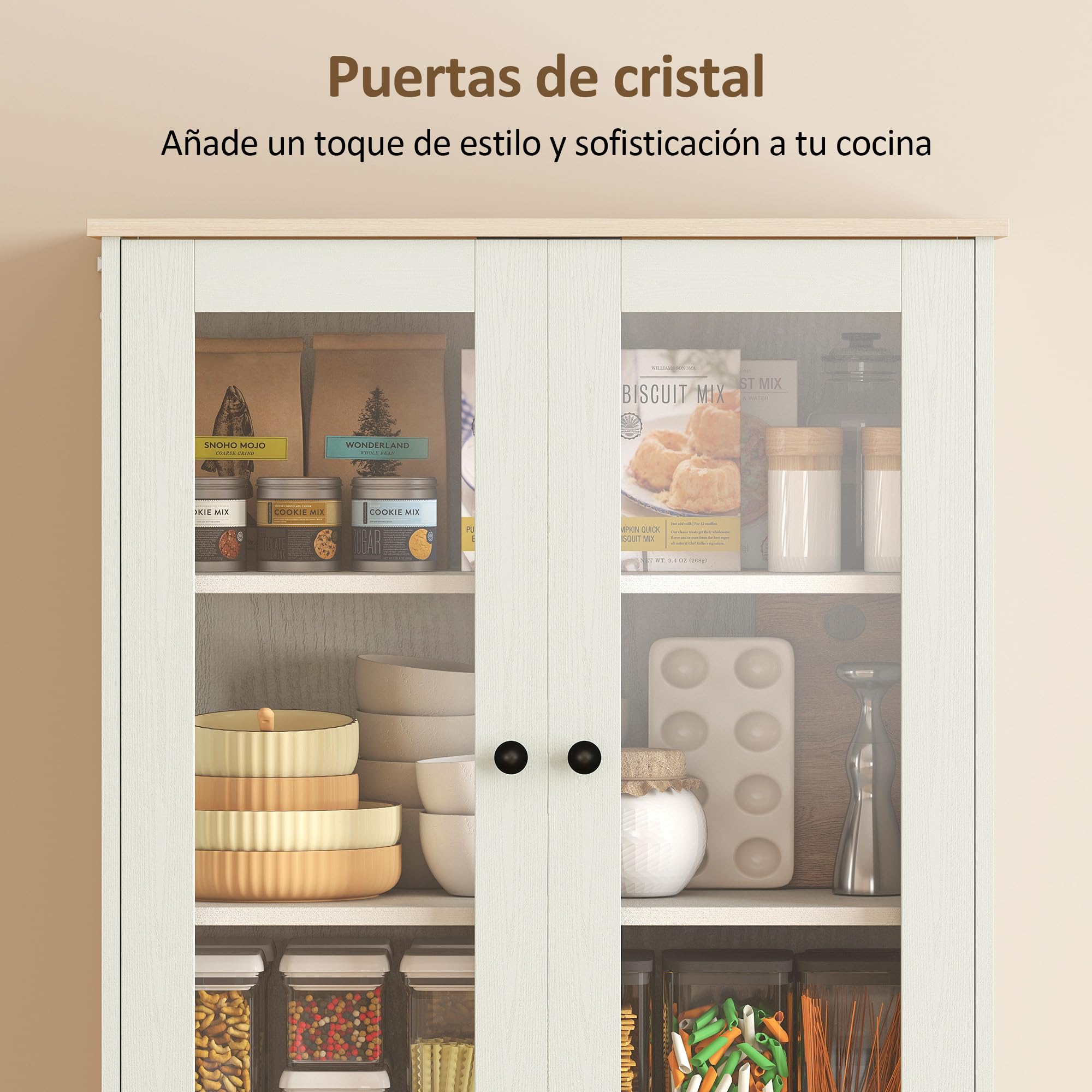 HOMCOM Alacena de Cocina, Mueble Auxiliar de Cocina con 2 Puertas de Acrílico, Cajón Grande, Estantes Ajustables, para Comedor, 76x40x182,5 cm, Crema