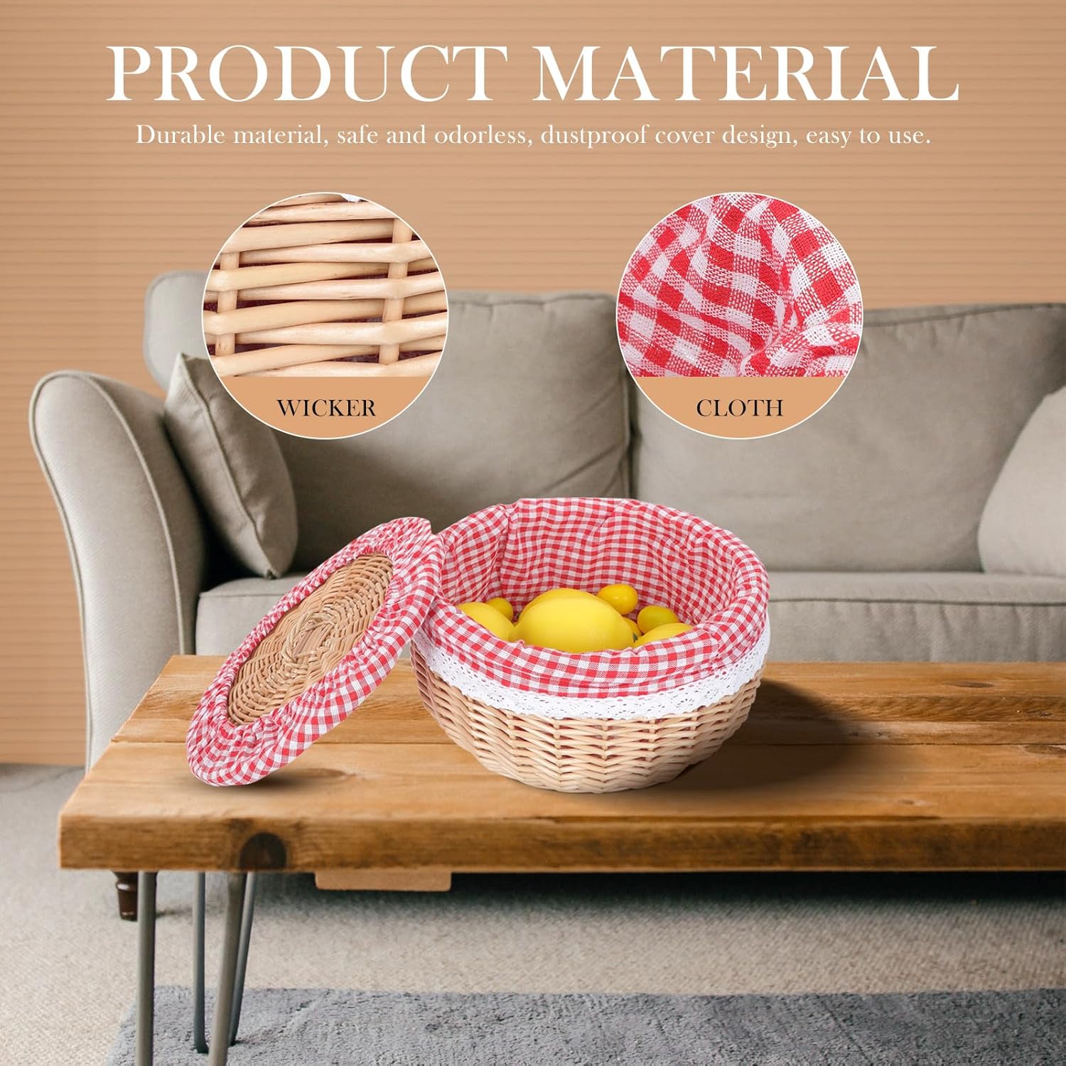 VALICLUD Woven Wicker Food Storage Basket Red and White Liner, Small 25Cm Diameter Bread and Snack Serving Basket for Home Kitchen Dining